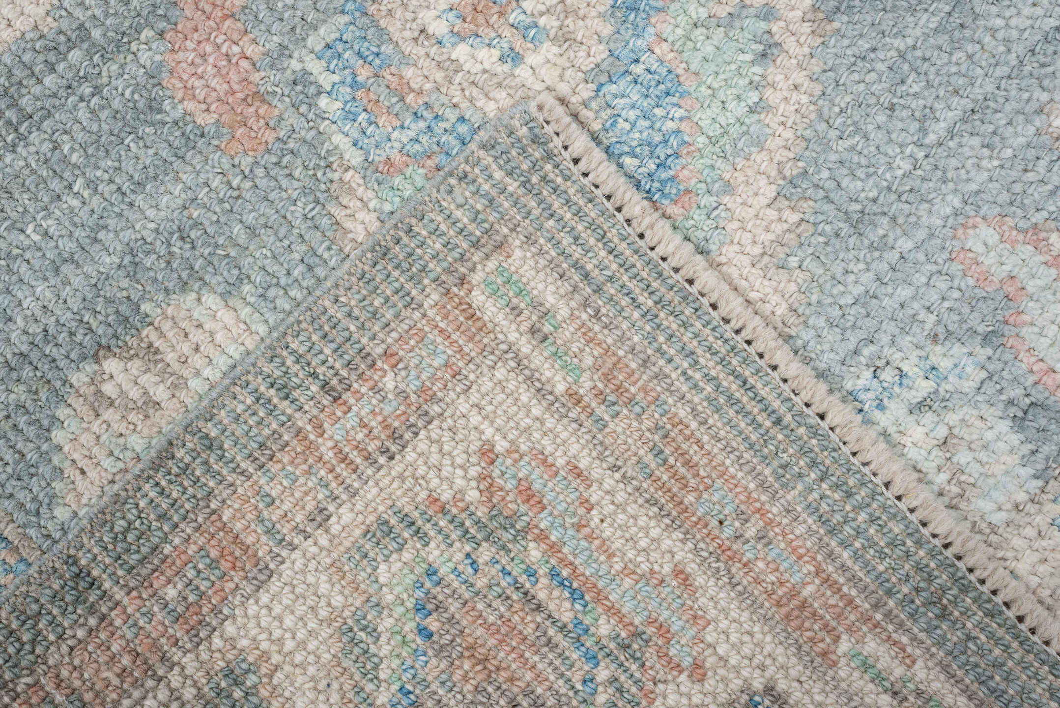 3' x 14' one-of-a-kind handmade vintage Oushak runner rug. Color palette: sky blue, ivory, blush, terracotta, sage, taupe