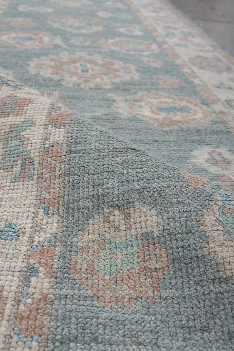 3' x 14' one-of-a-kind handmade vintage Oushak runner rug. Color palette: sky blue, ivory, blush, terracotta, sage, taupe