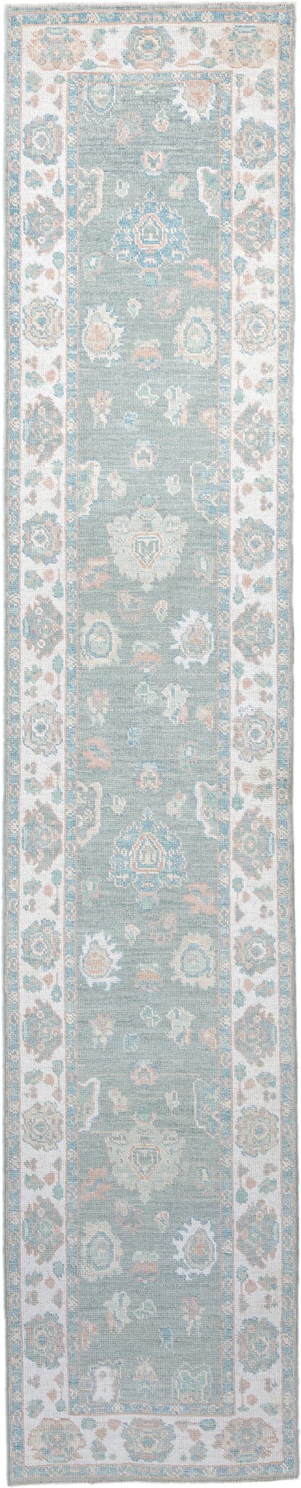 2' x 14' one-of-a-kind handmade vintage Oushak runner rug. Color palette: light blue, ivory, taupe, sage, peach, beige, gray