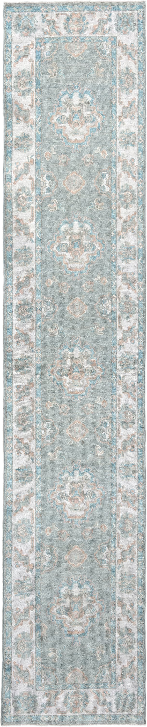 2' x 14' one-of-a-kind handmade vintage Oushak runner rug. Color palette: sky blue, ivory, taupe, beige, pale peach