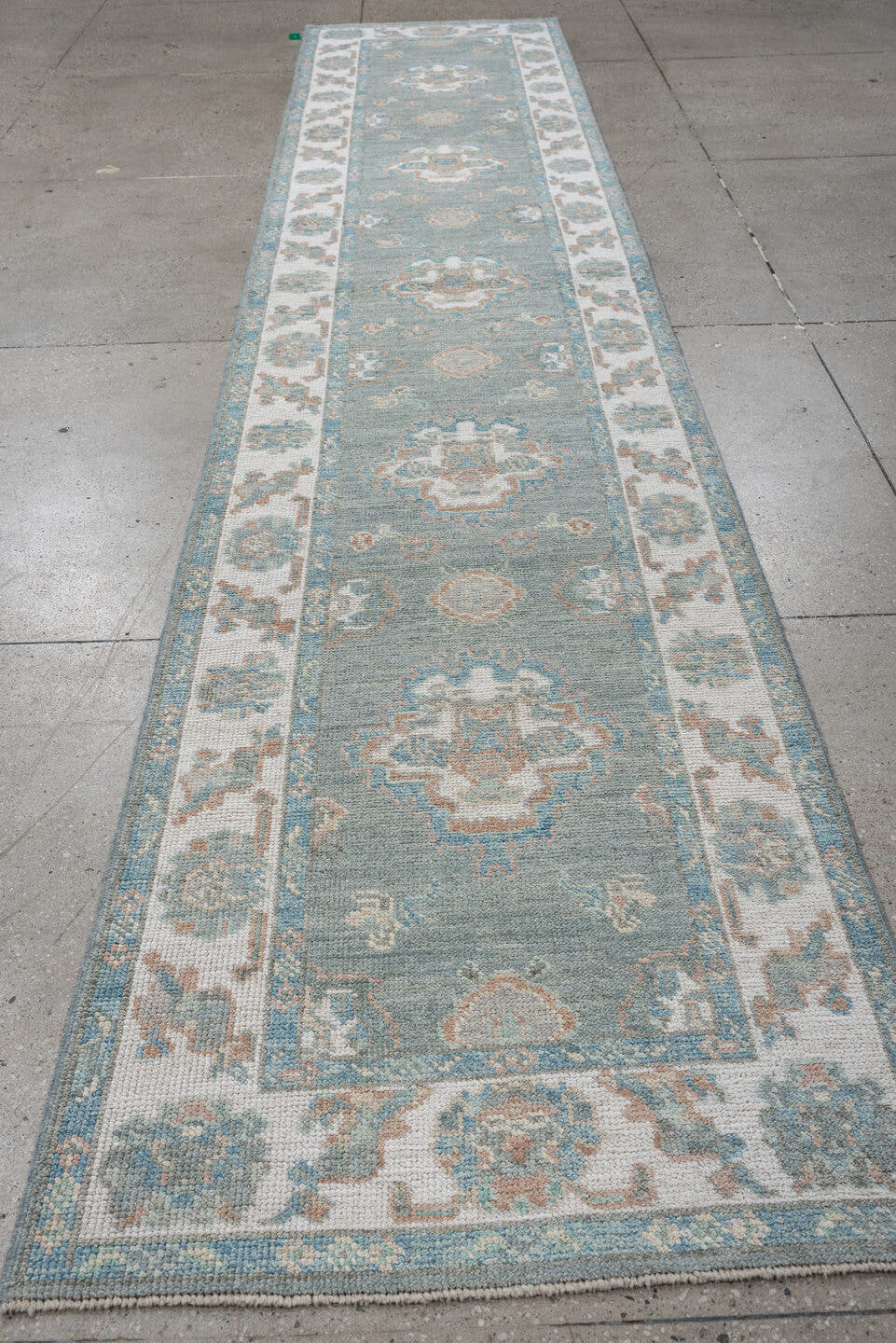 2' x 14' one-of-a-kind handmade vintage Oushak runner rug. Color palette: sky blue, ivory, taupe, beige, pale peach