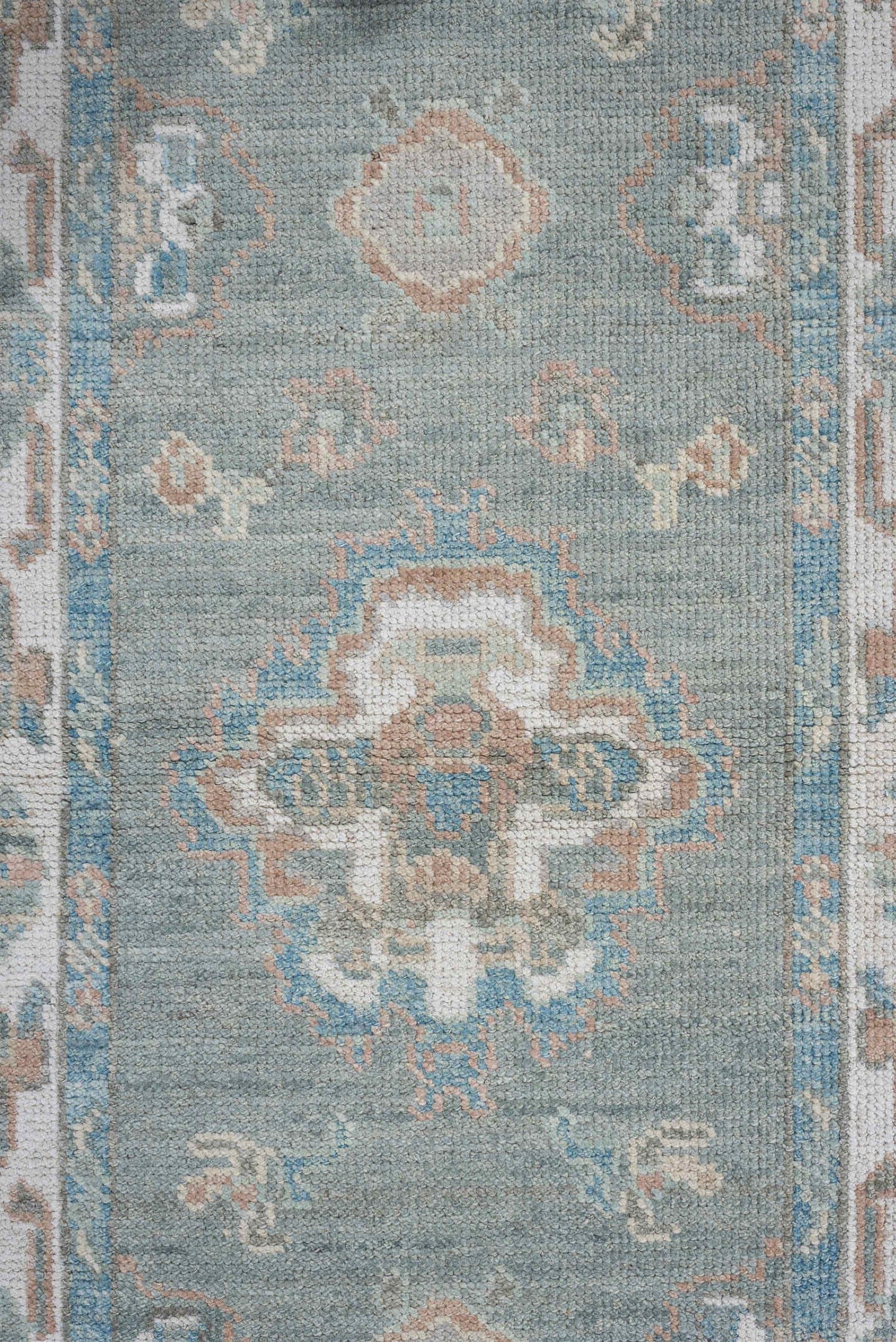 2' x 14' one-of-a-kind handmade vintage Oushak runner rug. Color palette: sky blue, ivory, taupe, beige, pale peach