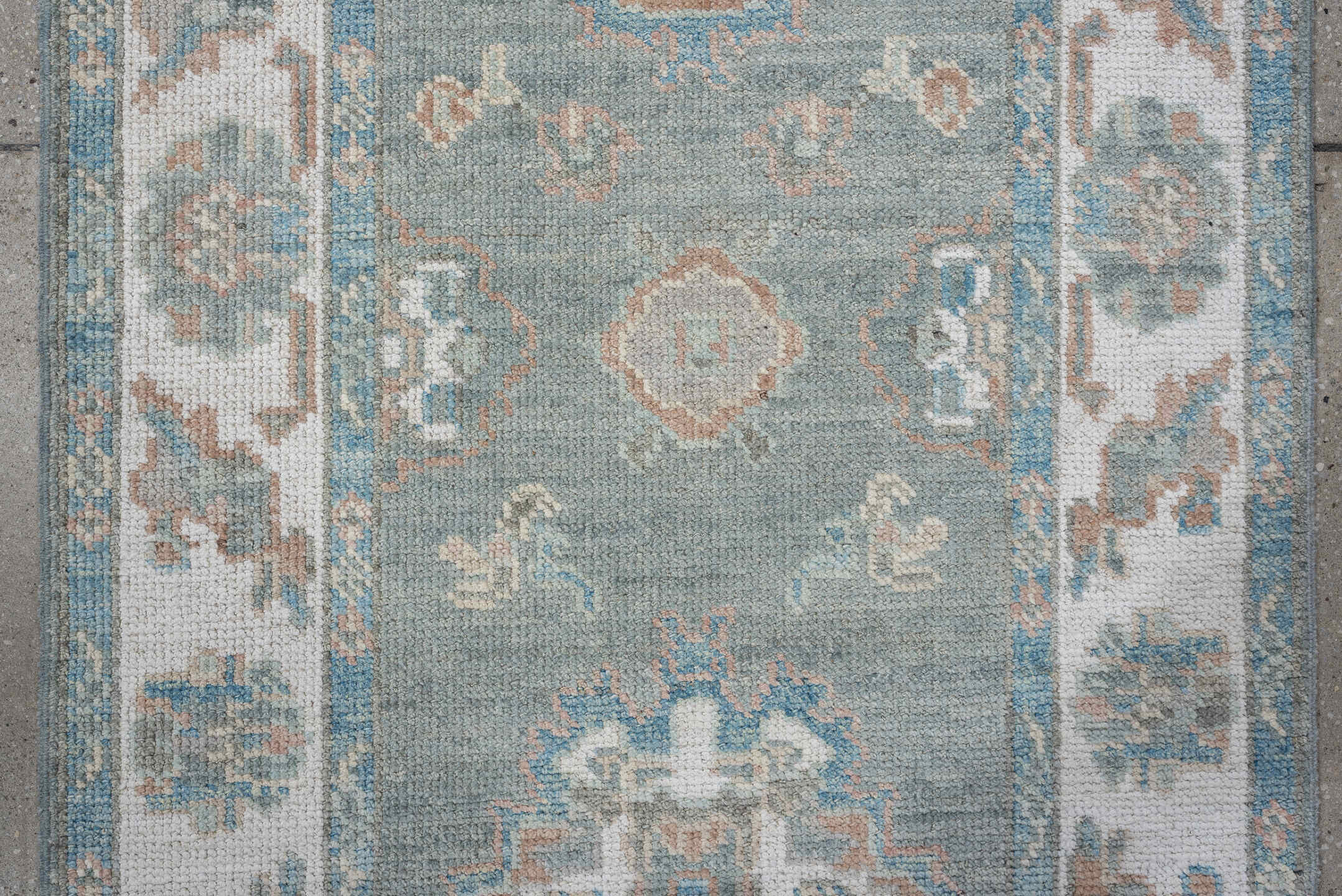 2' x 14' one-of-a-kind handmade vintage Oushak runner rug. Color palette: sky blue, ivory, taupe, beige, pale peach