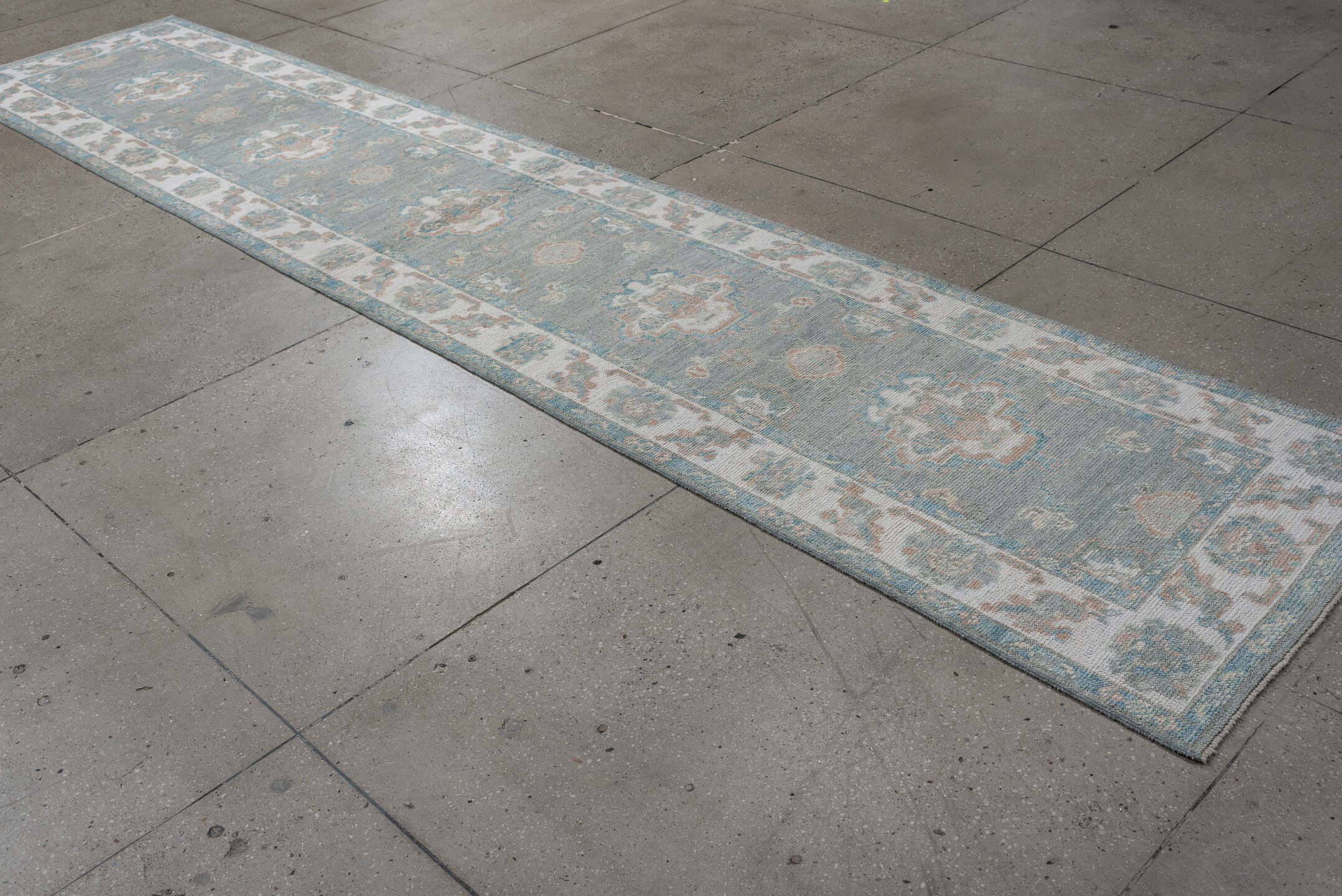 2' x 14' one-of-a-kind handmade vintage Oushak runner rug. Color palette: sky blue, ivory, taupe, beige, pale peach