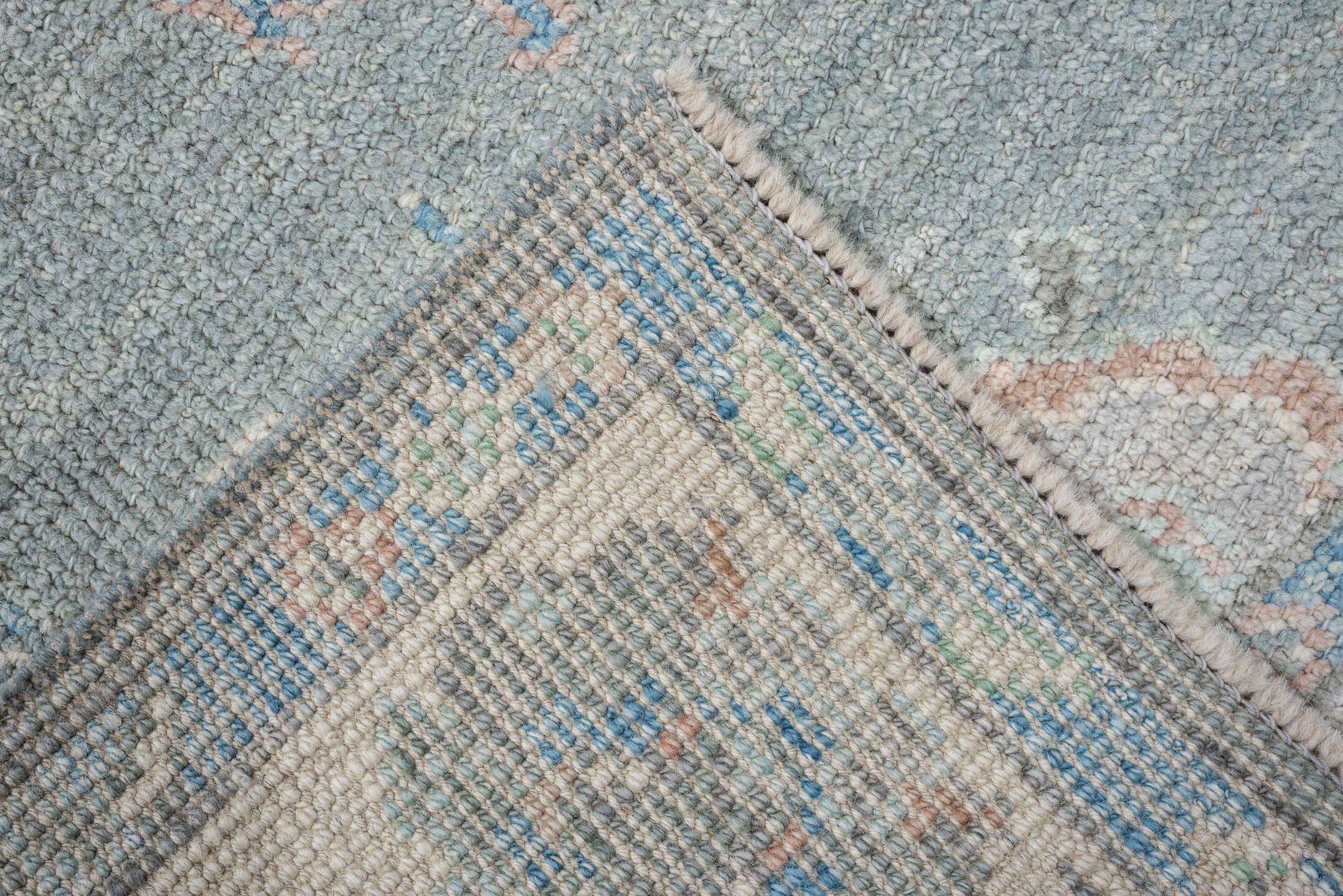 2' x 14' one-of-a-kind handmade vintage Oushak runner rug. Color palette: sky blue, ivory, taupe, beige, pale peach