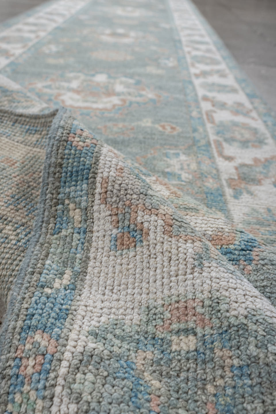 2' x 14' one-of-a-kind handmade vintage Oushak runner rug. Color palette: sky blue, ivory, taupe, beige, pale peach