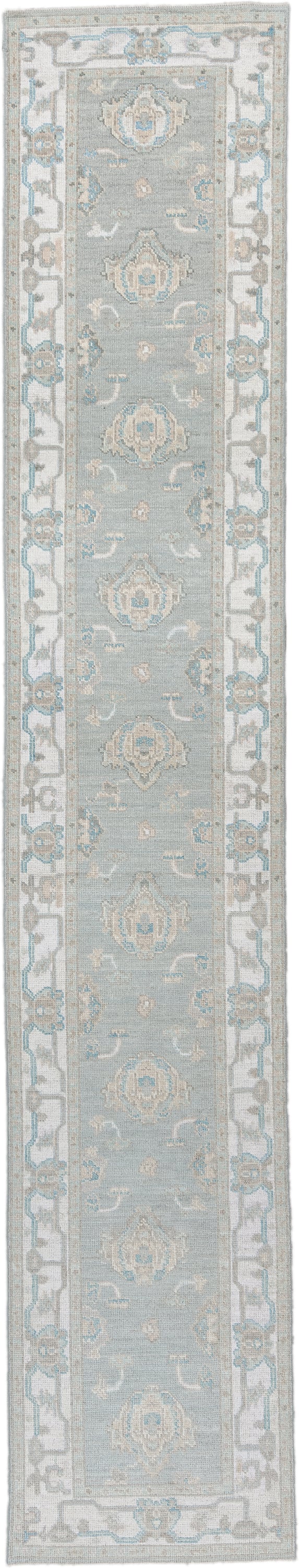 3' x 15' one-of-a-kind handmade vintage Oushak runner rug. Color palette: pale blue, ivory, taupe, cream, light gray
