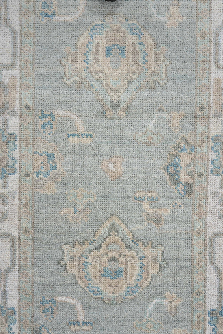 3' x 15' one-of-a-kind handmade vintage Oushak runner rug. Color palette: pale blue, ivory, taupe, cream, light gray