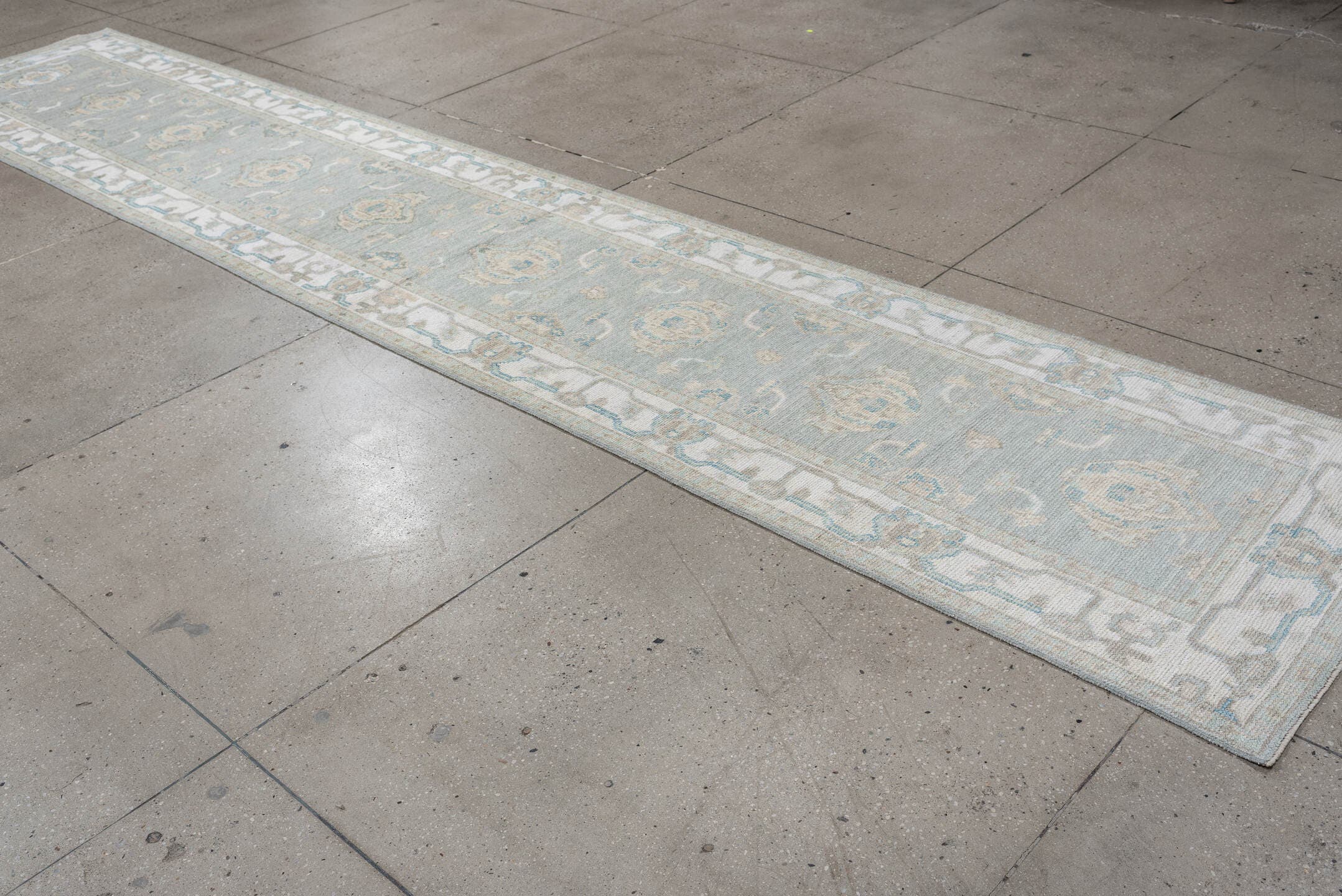 3' x 15' one-of-a-kind handmade vintage Oushak runner rug. Color palette: pale blue, ivory, taupe, cream, light gray