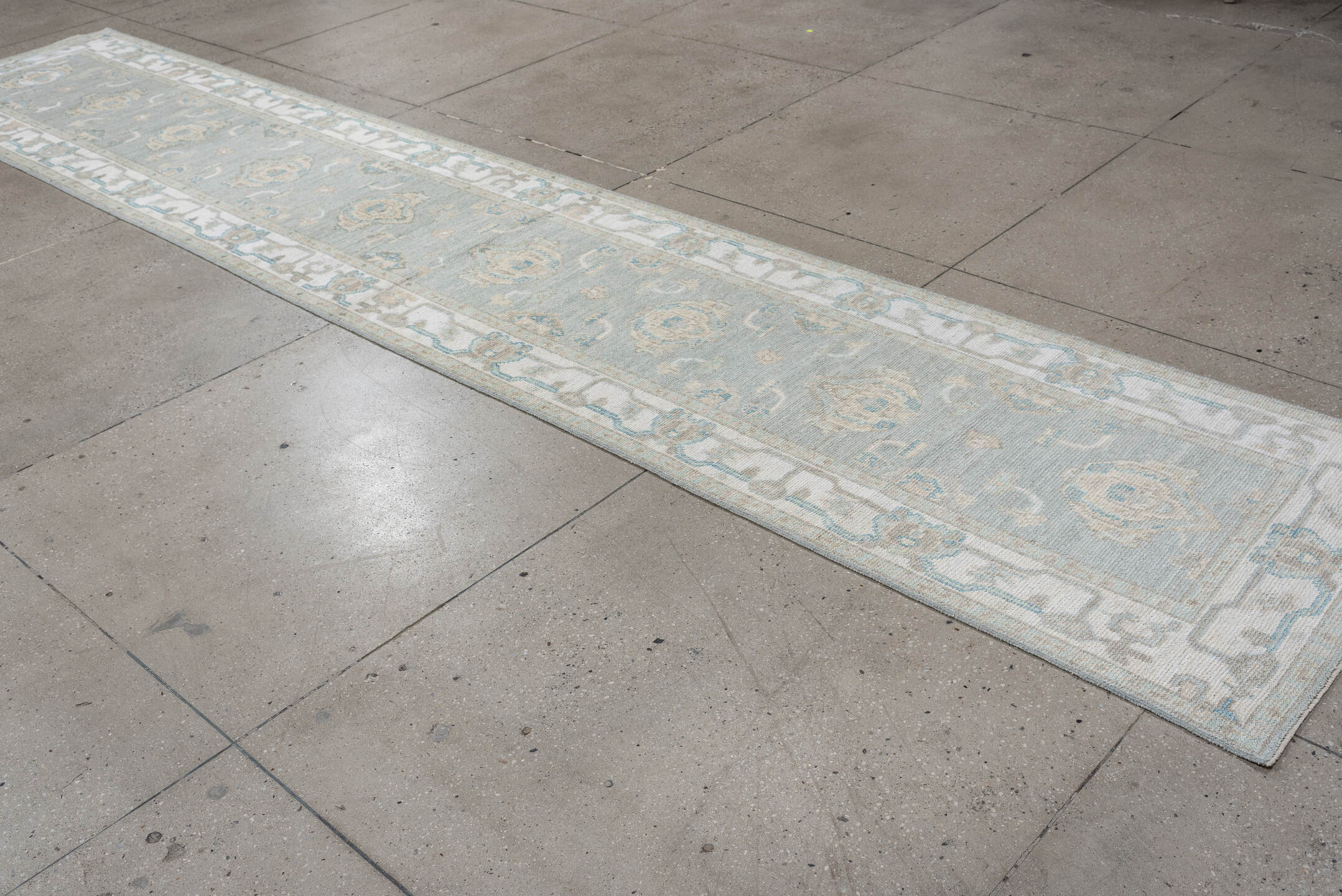 3' x 15' one-of-a-kind handmade vintage Oushak runner rug. Color palette: pale blue, ivory, taupe, cream, light gray