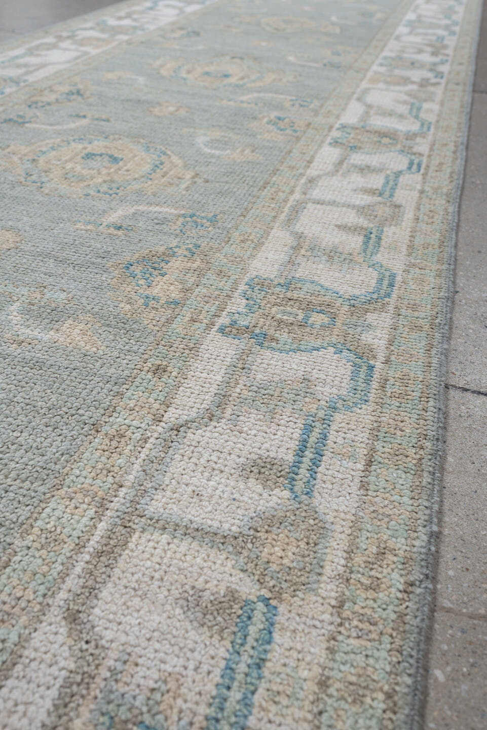 3' x 15' one-of-a-kind handmade vintage Oushak runner rug. Color palette: pale blue, ivory, taupe, cream, light gray