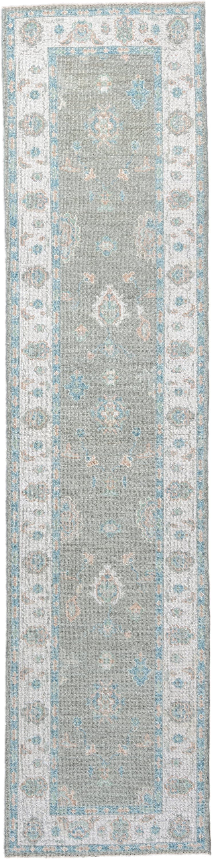 3' x 12' one-of-a-kind handmade vintage Oushak runner rug. Color palette: sage, ivory, aqua, blush, taupe, cream, green