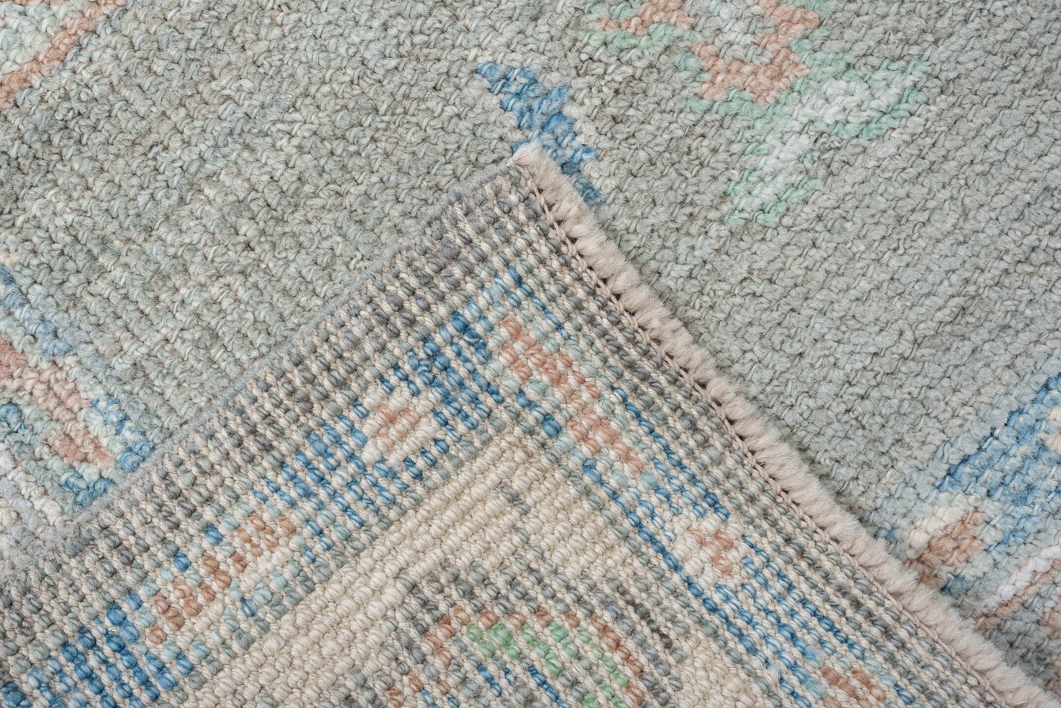 3' x 12' one-of-a-kind handmade vintage Oushak runner rug. Color palette: sage, ivory, aqua, blush, taupe, cream, green
