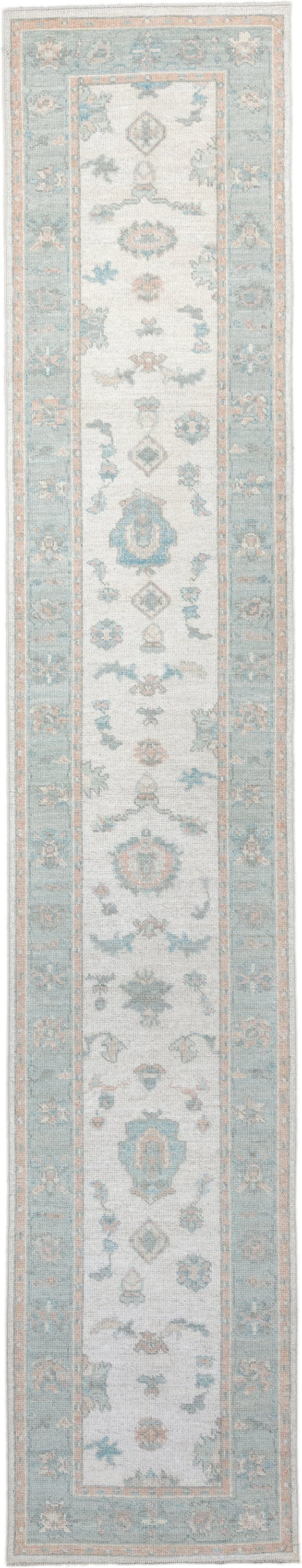 3' x 15' one-of-a-kind handmade vintage Oushak runner rug. Color palette: ivory, pale aqua, blush, taupe, sage, teal, pink