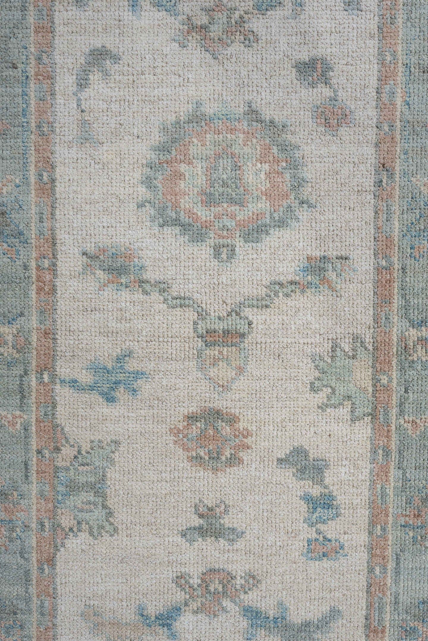 3' x 15' one-of-a-kind handmade vintage Oushak runner rug. Color palette: ivory, pale aqua, blush, taupe, sage, teal, pink