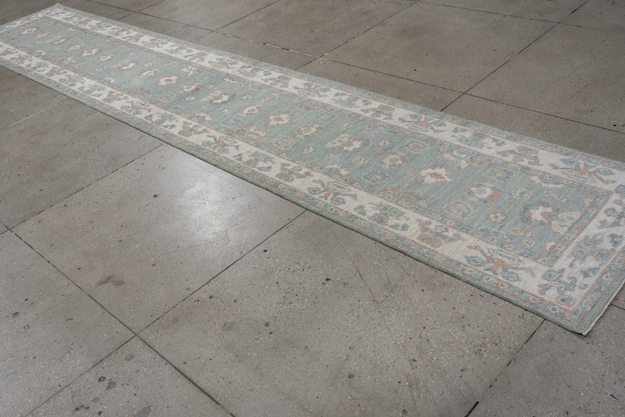 3' x 16' one-of-a-kind handmade vintage Oushak runner rug. Color palette: light blue, ivory, blush, taupe, sage, cream, pink