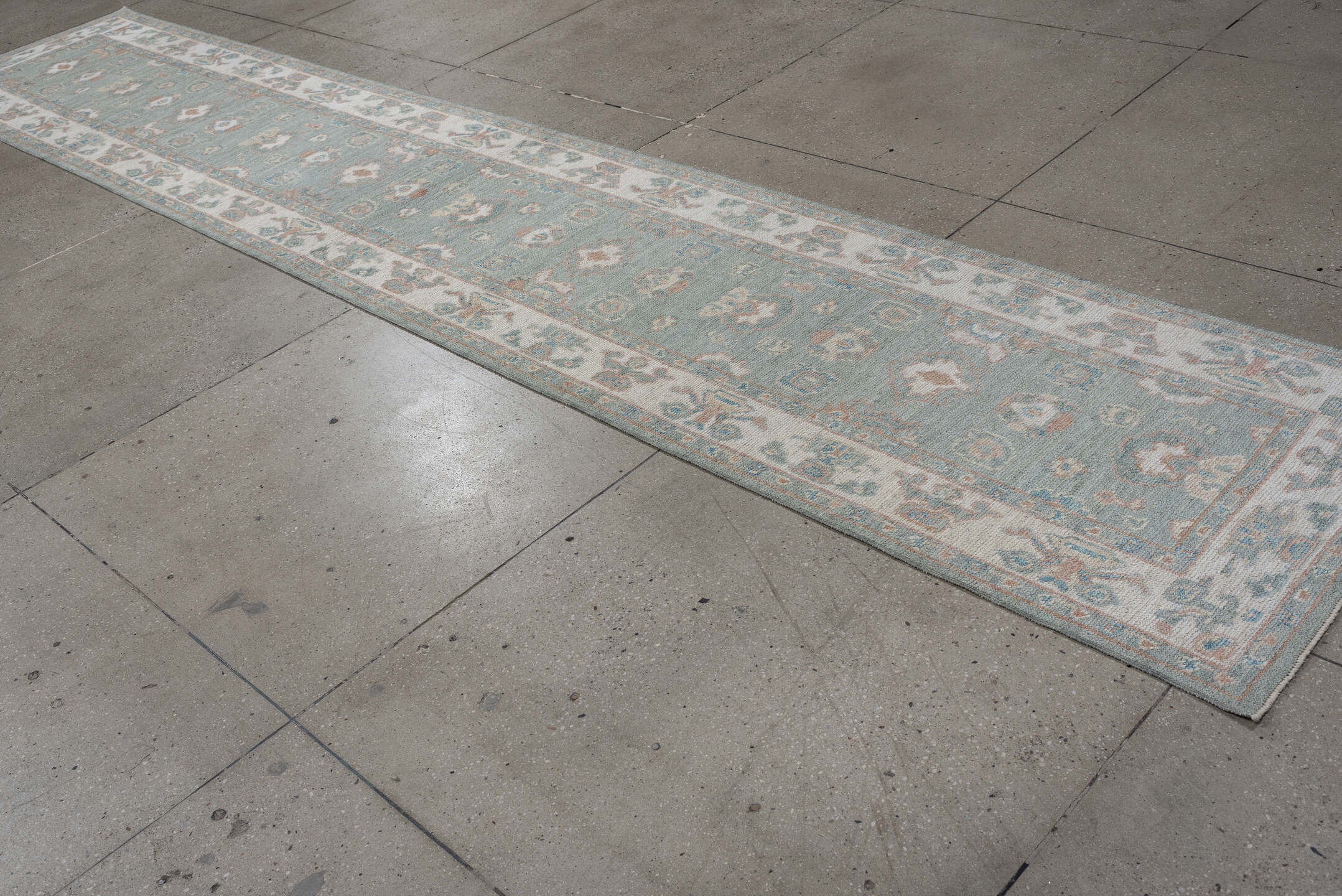 3' x 16' one-of-a-kind handmade vintage Oushak runner rug. Color palette: light blue, ivory, blush, taupe, sage, cream, pink