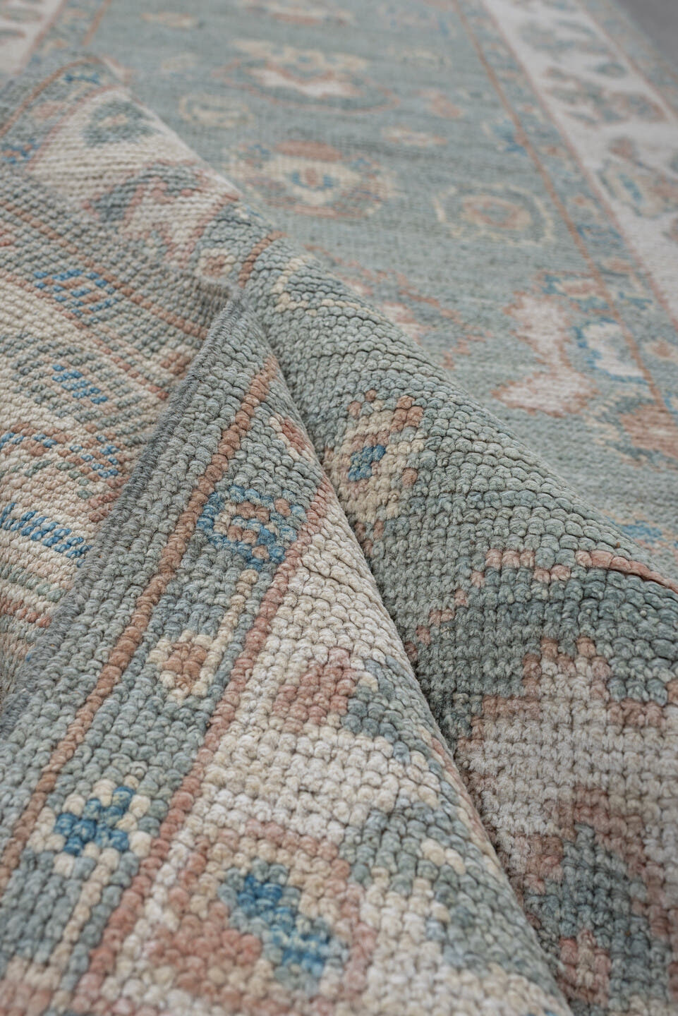 3' x 16' one-of-a-kind handmade vintage Oushak runner rug. Color palette: light blue, ivory, blush, taupe, sage, cream, pink
