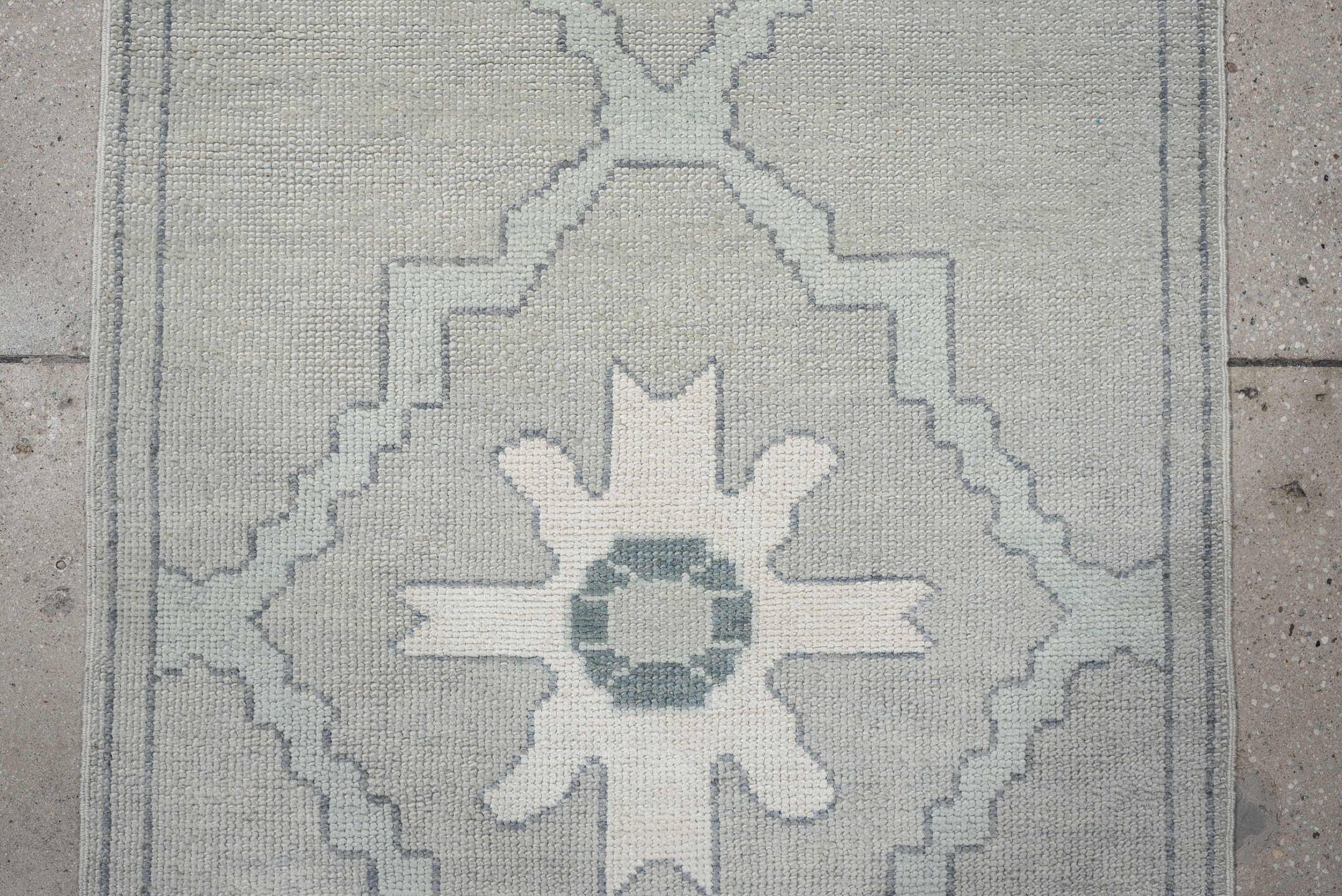 3' x 6' one-of-a-kind handmade vintage Oushak runner rug. Color palette: ivory, light blue, pale gray, cream, light gray