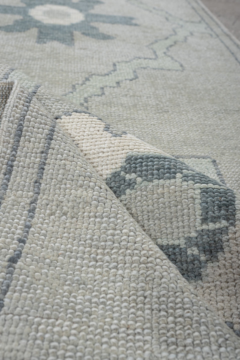 3' x 6' one-of-a-kind handmade vintage Oushak runner rug. Color palette: ivory, light blue, pale gray, cream, light gray
