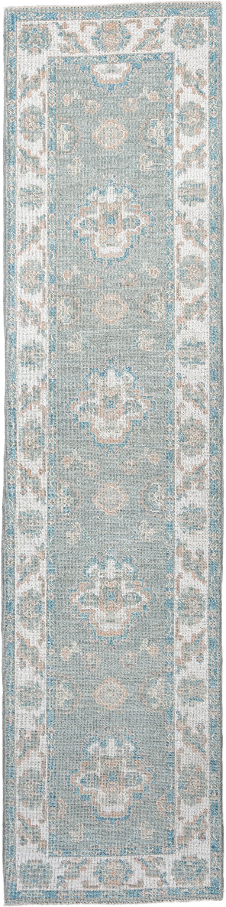 3' x 12' one-of-a-kind handmade vintage Oushak runner rug. Color palette: sky blue, ivory, beige, taupe, sage, light blue