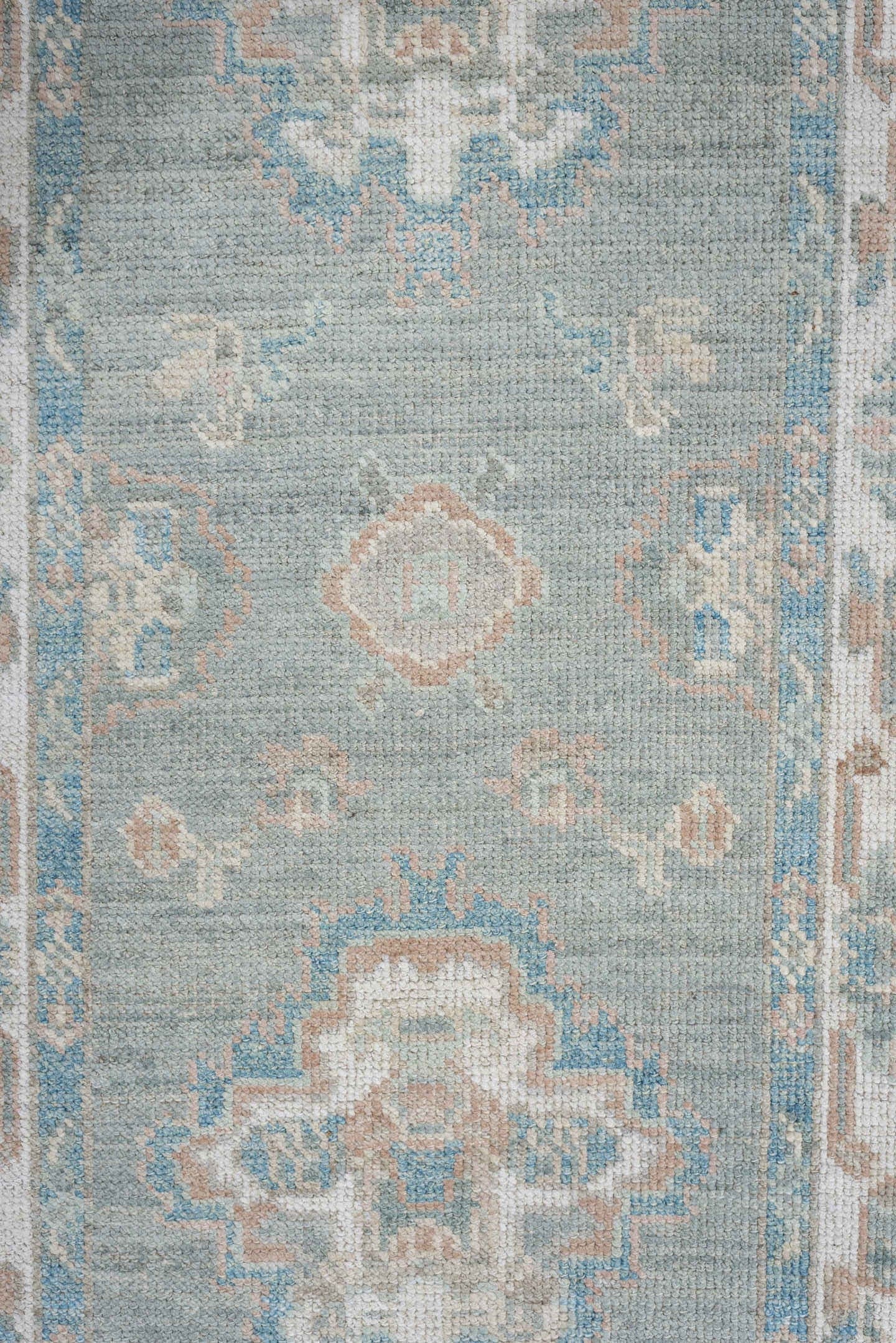 3' x 12' one-of-a-kind handmade vintage Oushak runner rug. Color palette: sky blue, ivory, beige, taupe, sage, light blue