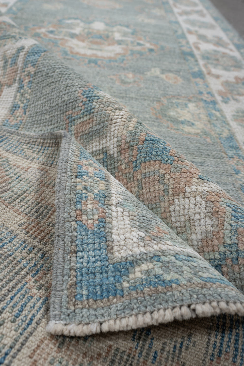 3' x 12' one-of-a-kind handmade vintage Oushak runner rug. Color palette: sky blue, ivory, beige, taupe, sage, light blue