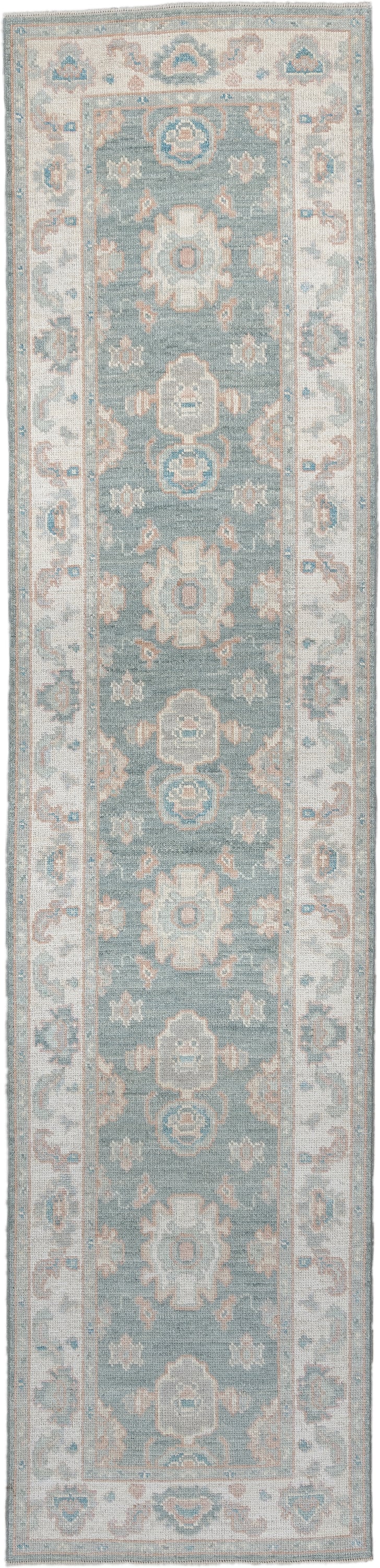 3' x 12' one-of-a-kind handmade vintage Oushak runner rug. Color palette: aqua, ivory, beige, taupe, pale blue, sand, teal