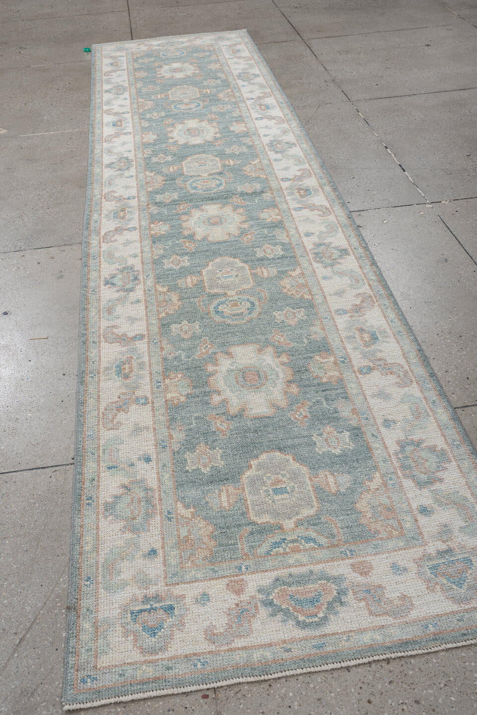 3' x 12' one-of-a-kind handmade vintage Oushak runner rug. Color palette: aqua, ivory, beige, taupe, pale blue, sand, teal