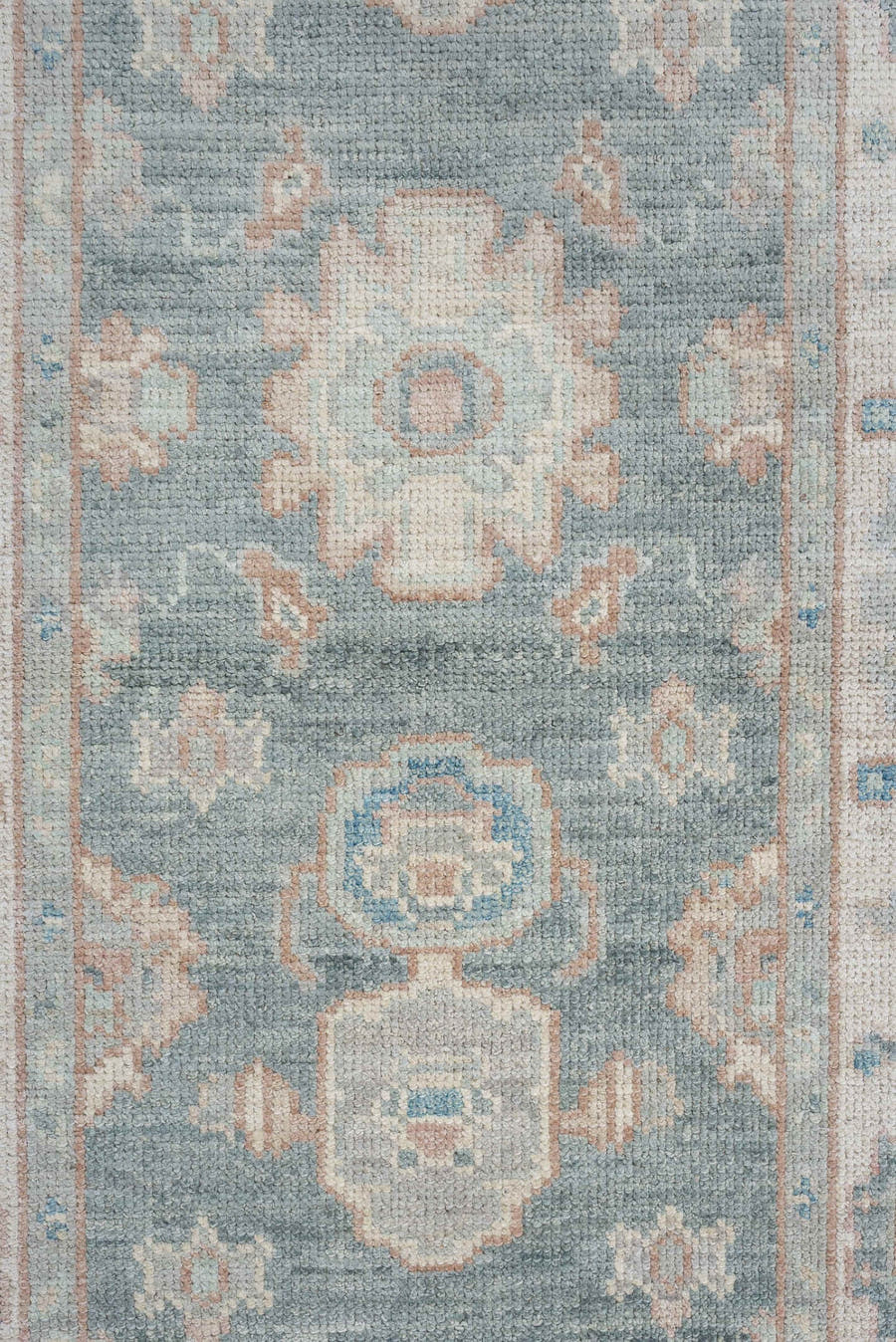 3' x 12' one-of-a-kind handmade vintage Oushak runner rug. Color palette: aqua, ivory, beige, taupe, pale blue, sand, teal