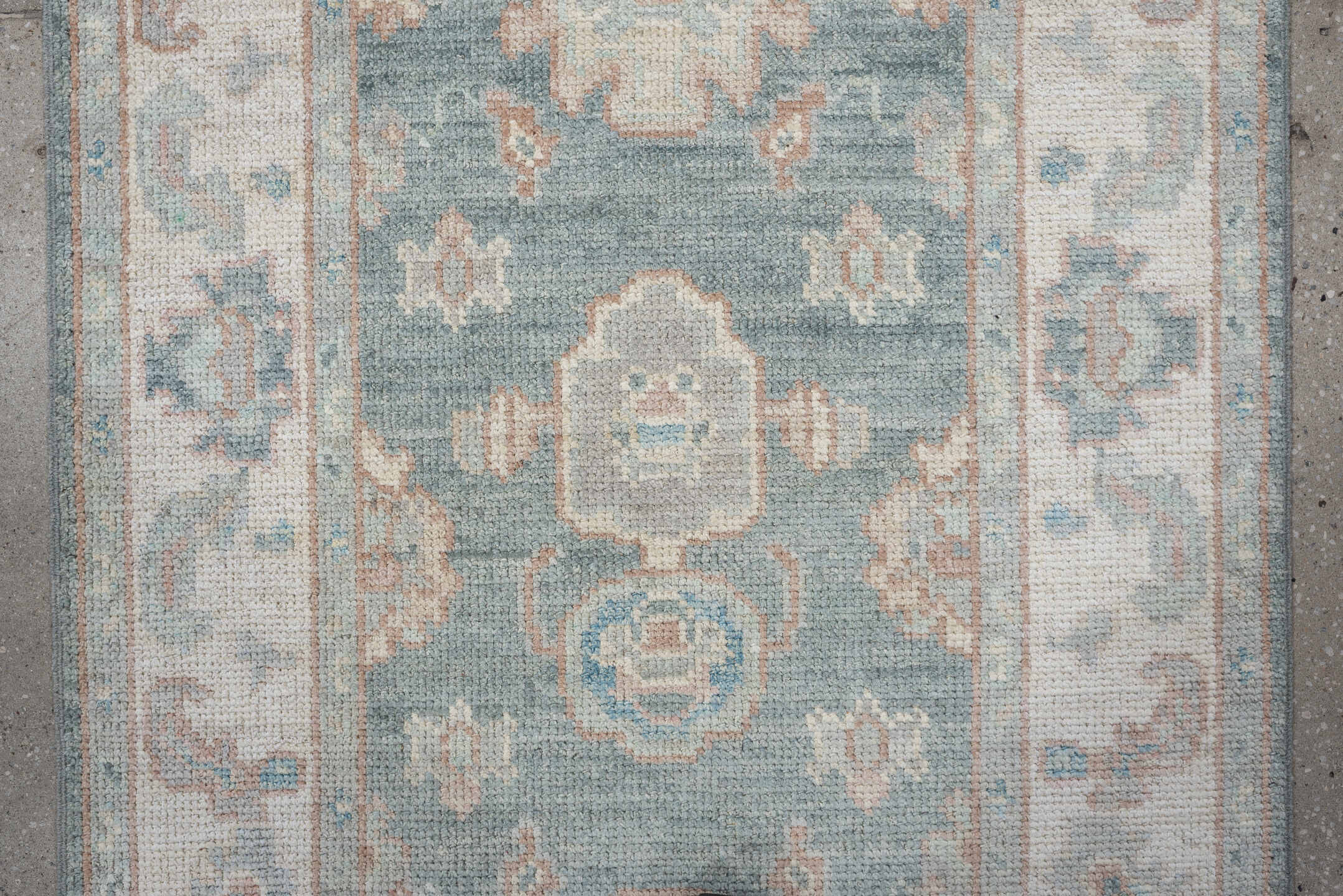 3' x 12' one-of-a-kind handmade vintage Oushak runner rug. Color palette: aqua, ivory, beige, taupe, pale blue, sand, teal