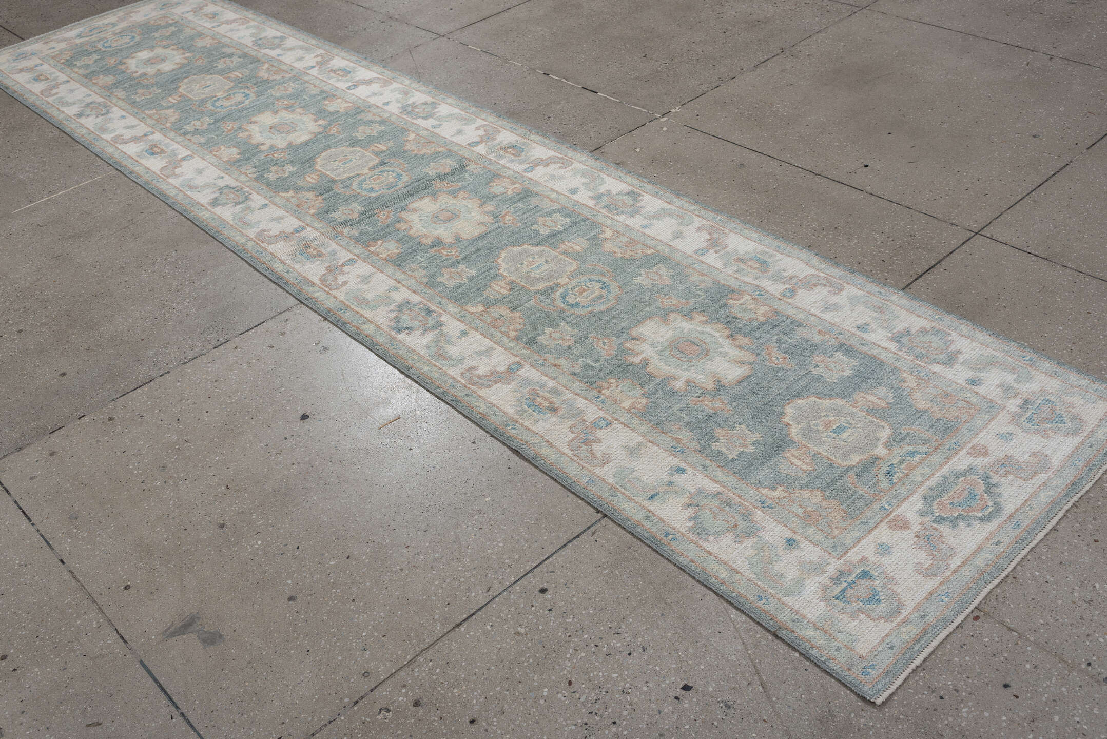 3' x 12' one-of-a-kind handmade vintage Oushak runner rug. Color palette: aqua, ivory, beige, taupe, pale blue, sand, teal