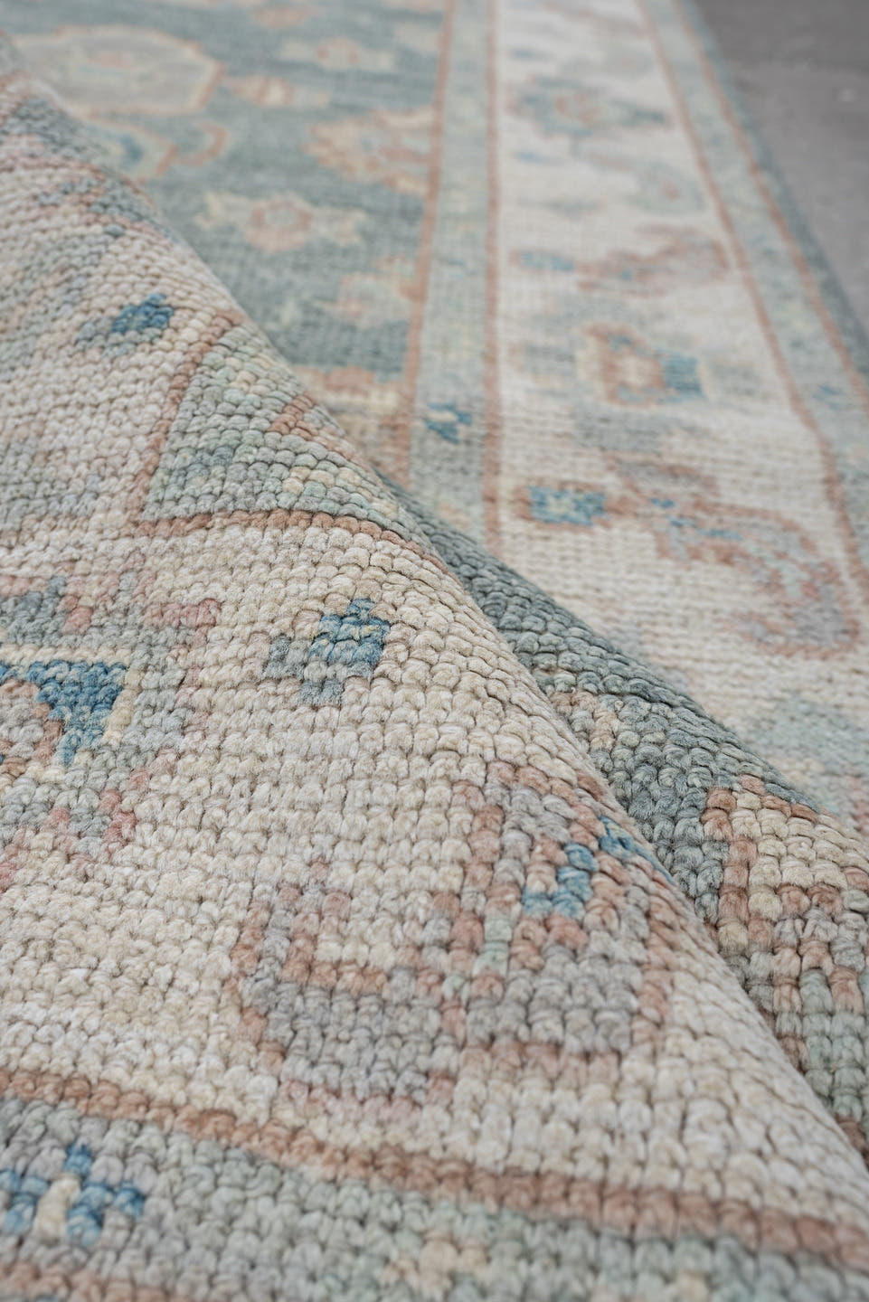 3' x 12' one-of-a-kind handmade vintage Oushak runner rug. Color palette: aqua, ivory, beige, taupe, pale blue, sand, teal