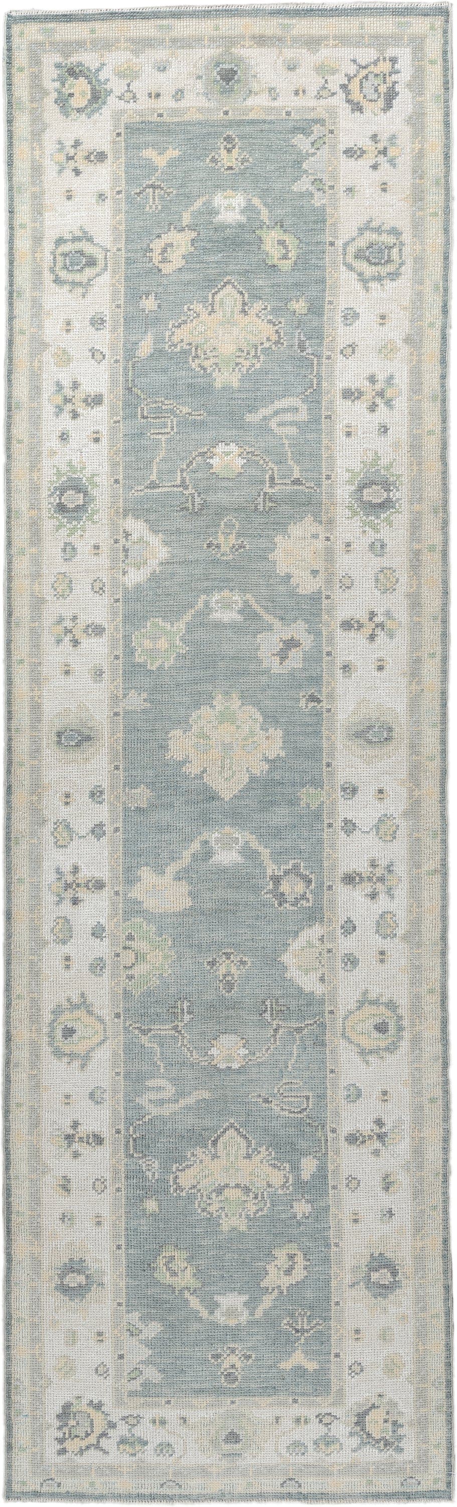 3' x 9' one-of-a-kind handmade vintage Oushak runner rug. Color palette: pale blue, ivory, sage, taupe, slate, cream