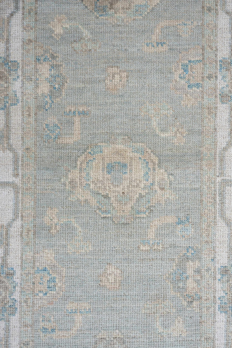 3' x 10' one-of-a-kind handmade vintage Oushak runner rug. Color palette: aqua, ivory, taupe, beige, pale blue, stone, teal
