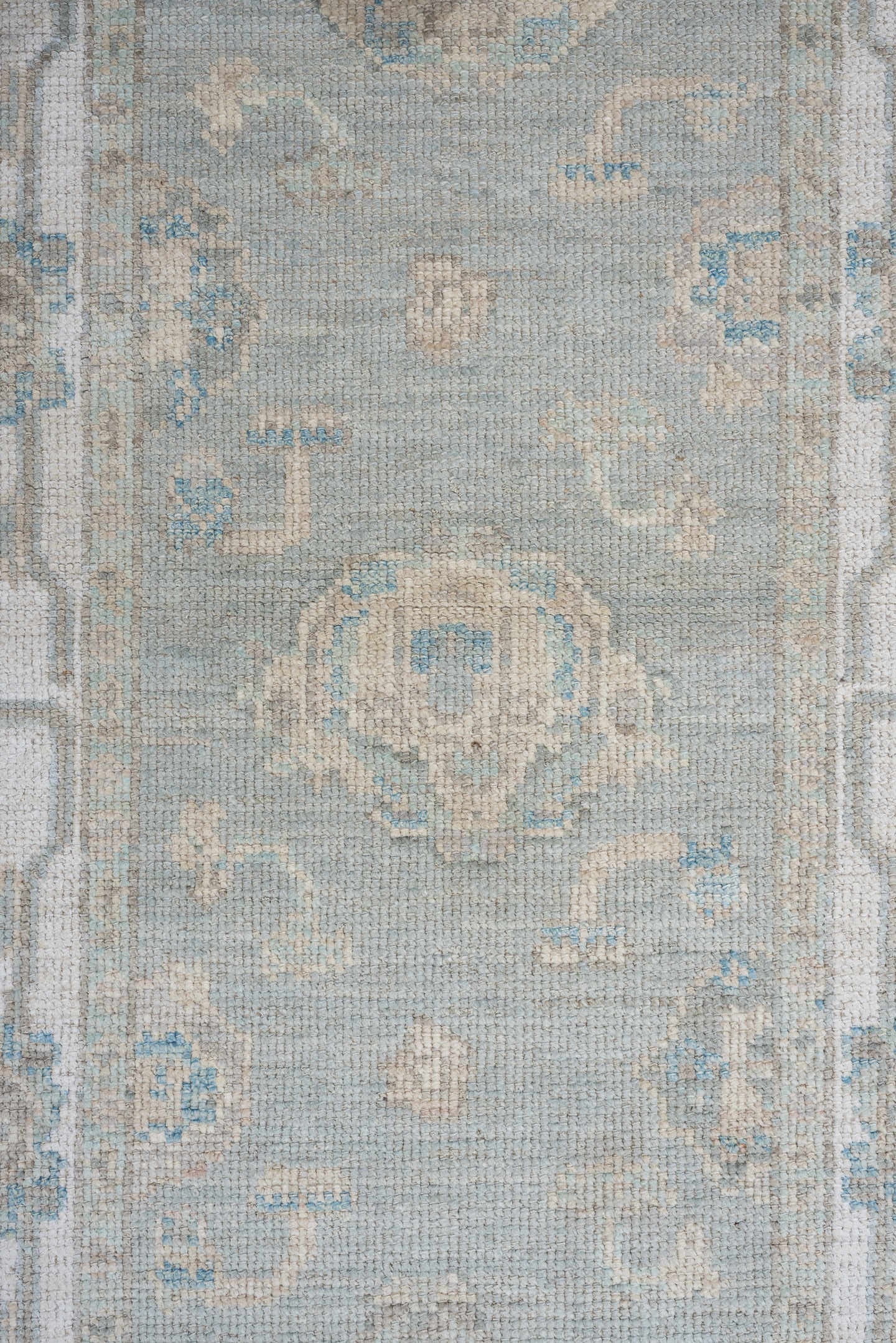 3' x 10' one-of-a-kind handmade vintage Oushak runner rug. Color palette: aqua, ivory, taupe, beige, pale blue, stone, teal