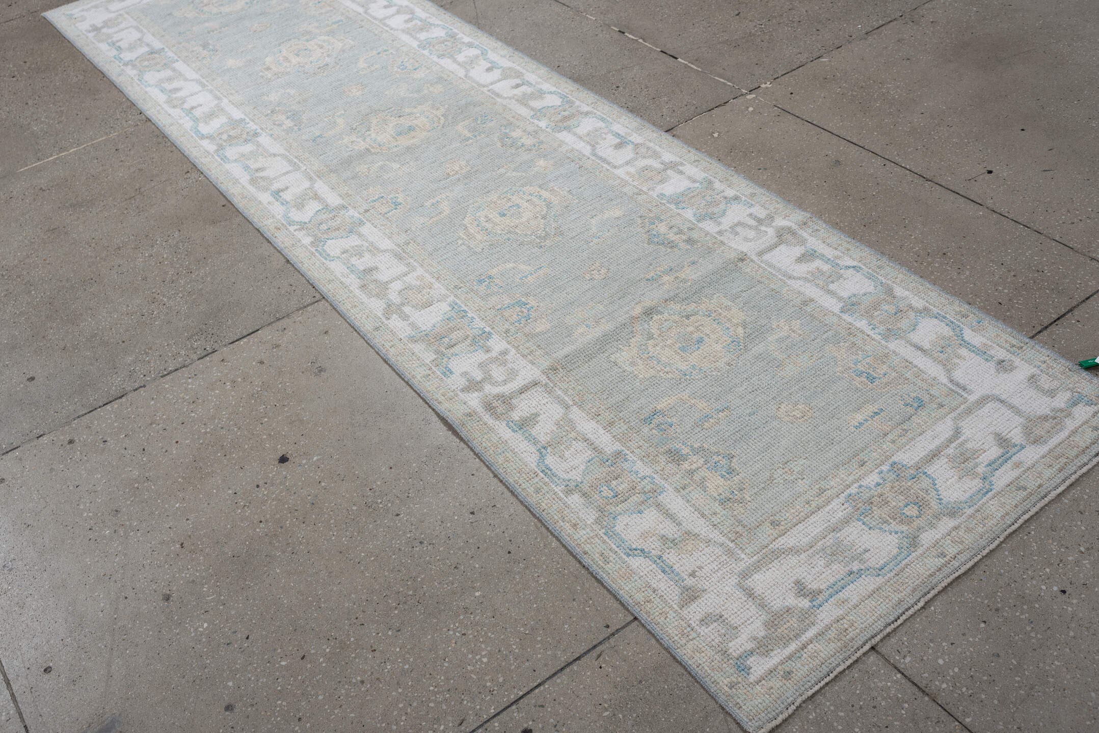 3' x 10' one-of-a-kind handmade vintage Oushak runner rug. Color palette: aqua, ivory, taupe, beige, pale blue, stone, teal