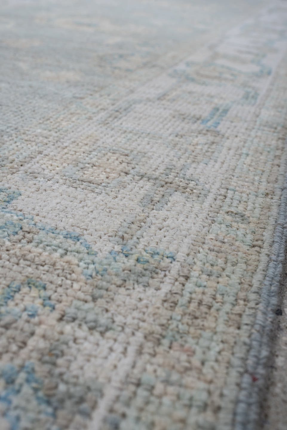 3' x 10' one-of-a-kind handmade vintage Oushak runner rug. Color palette: aqua, ivory, taupe, beige, pale blue, stone, teal