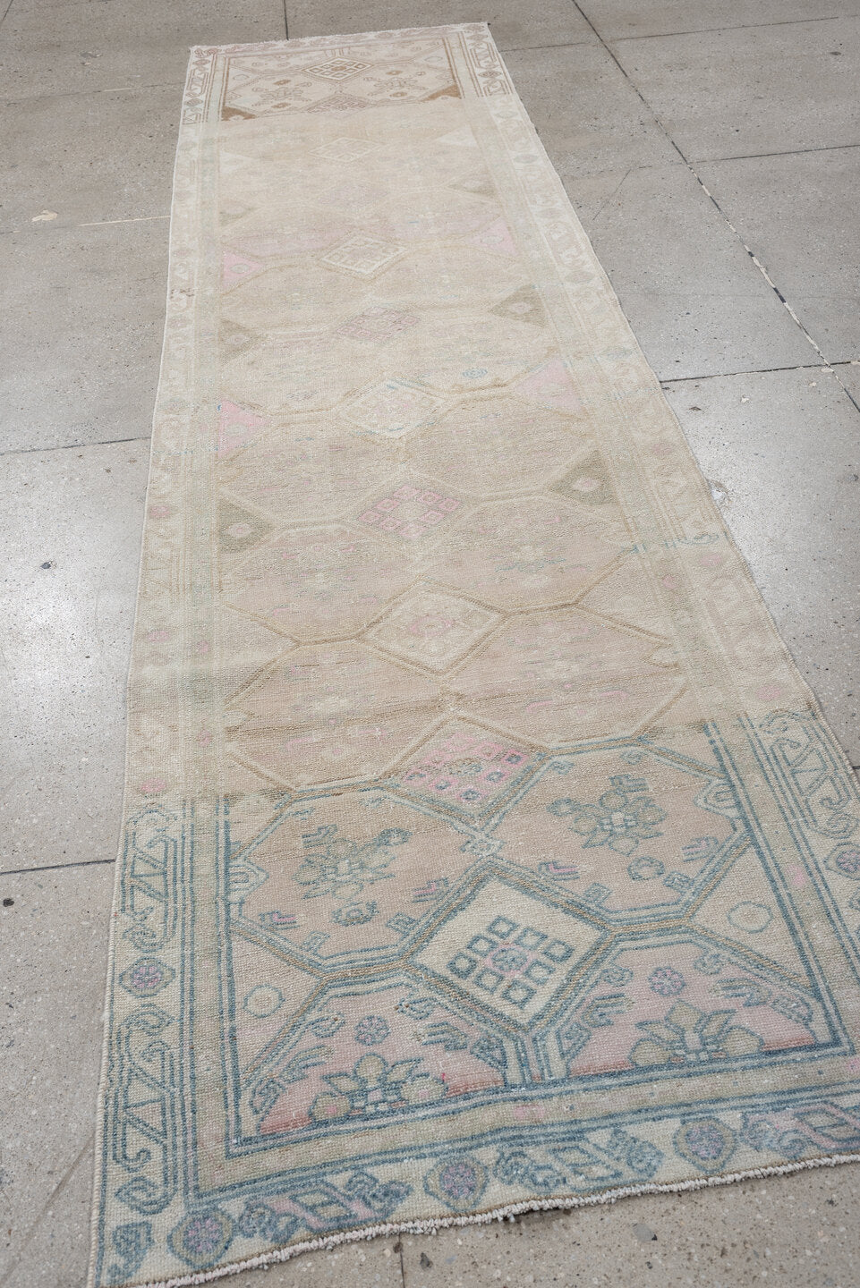3' x 12' one-of-a-kind handmade antique Hamadan runner rug. Color palette: ivory, taupe, sky blue, blush, camel, sage, rose