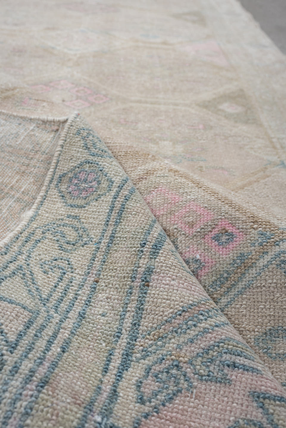 3' x 12' one-of-a-kind handmade antique Hamadan runner rug. Color palette: ivory, taupe, sky blue, blush, camel, sage, rose