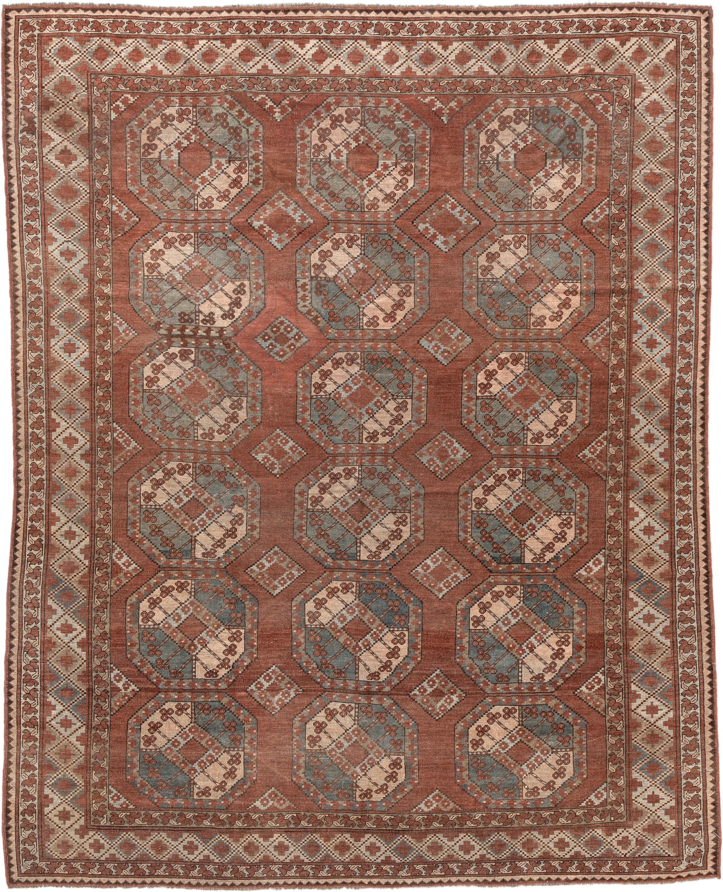 7' x 9' one-of-a-kind handmade vintage Afghan rug. Color palette: terracotta, ivory, blue gray, rust, taupe, camel, brown