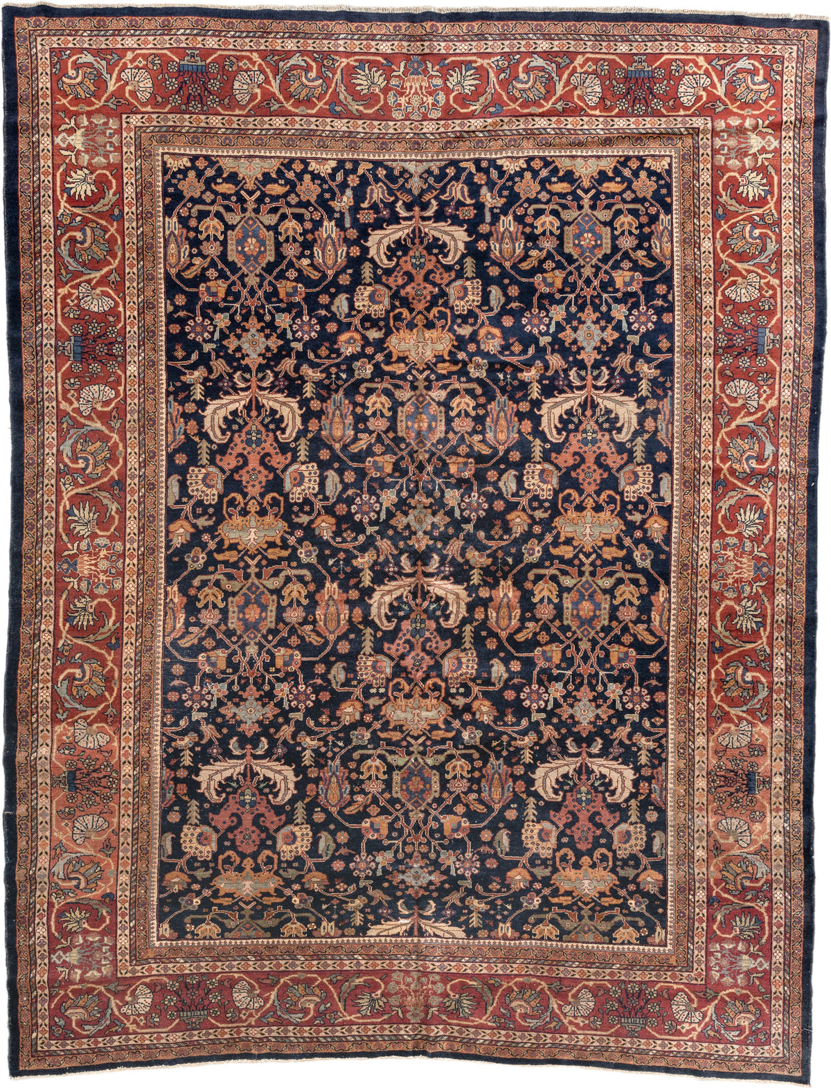 8' x 10' one-of-a-kind handmade vintage Farahan large size rug. Color palette: navy, rust, ivory, terracotta, dusty blue