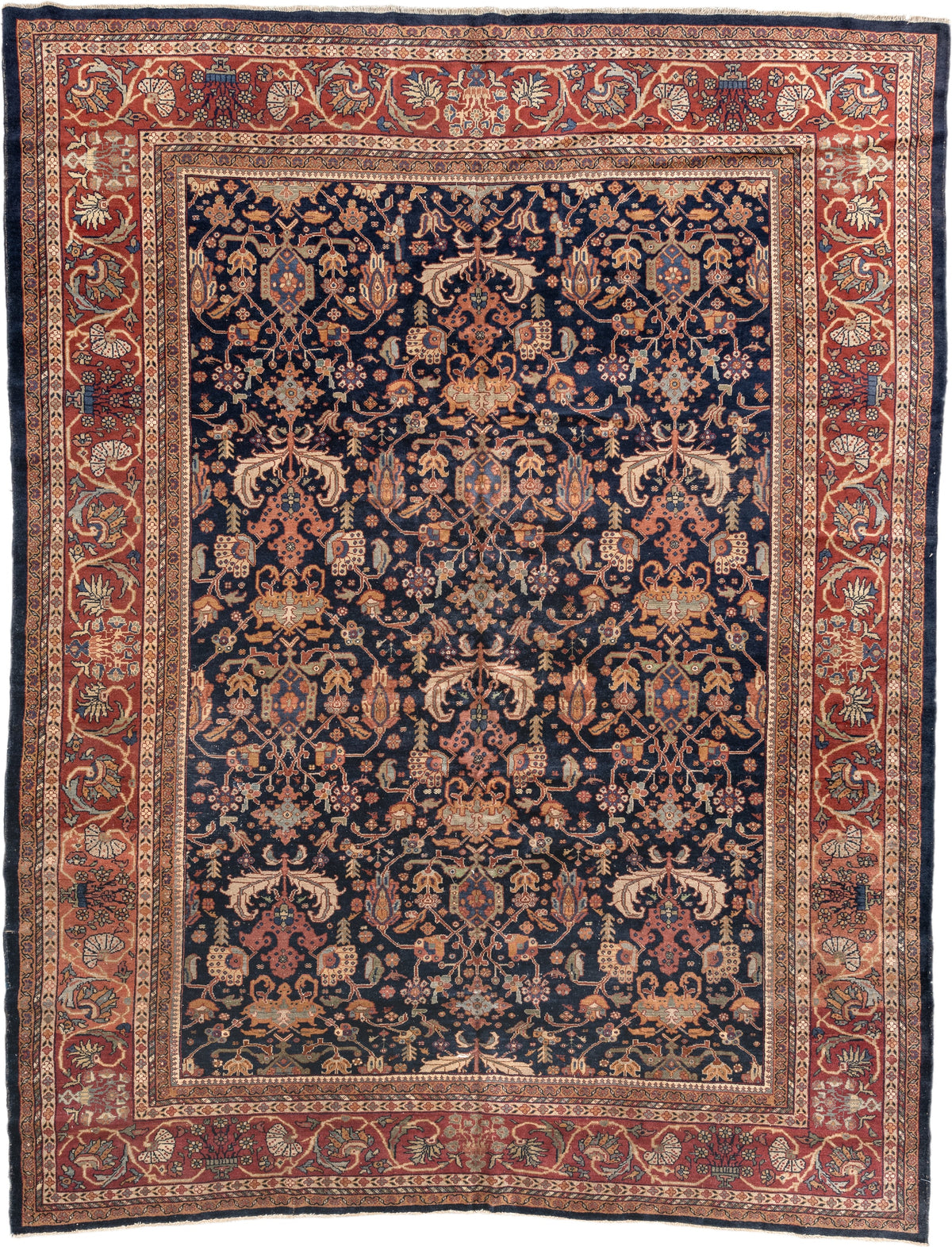 8' x 10' one-of-a-kind handmade vintage Farahan large size rug. Color palette: navy, rust, ivory, terracotta, dusty blue