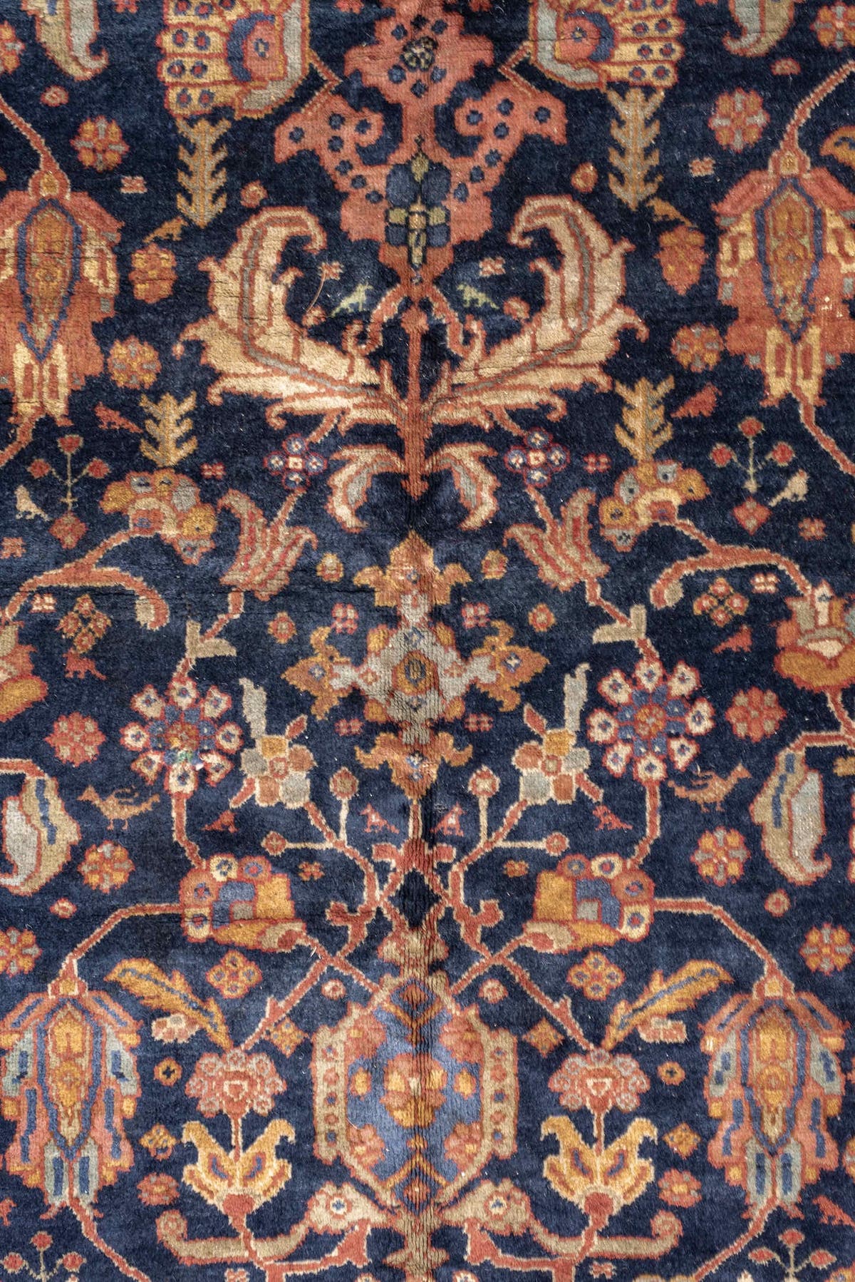 8' x 10' one-of-a-kind handmade vintage Farahan large size rug. Color palette: navy, rust, ivory, terracotta, dusty blue
