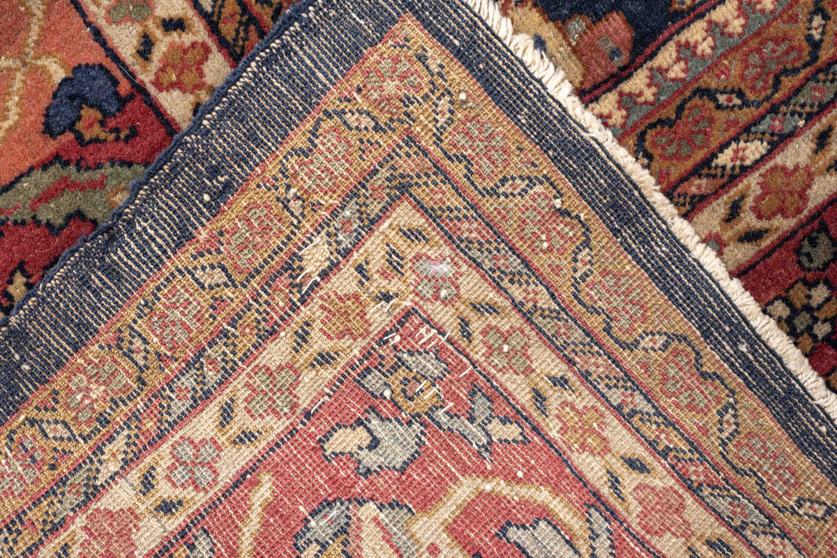 8' x 10' one-of-a-kind handmade vintage Farahan large size rug. Color palette: navy, rust, ivory, terracotta, dusty blue