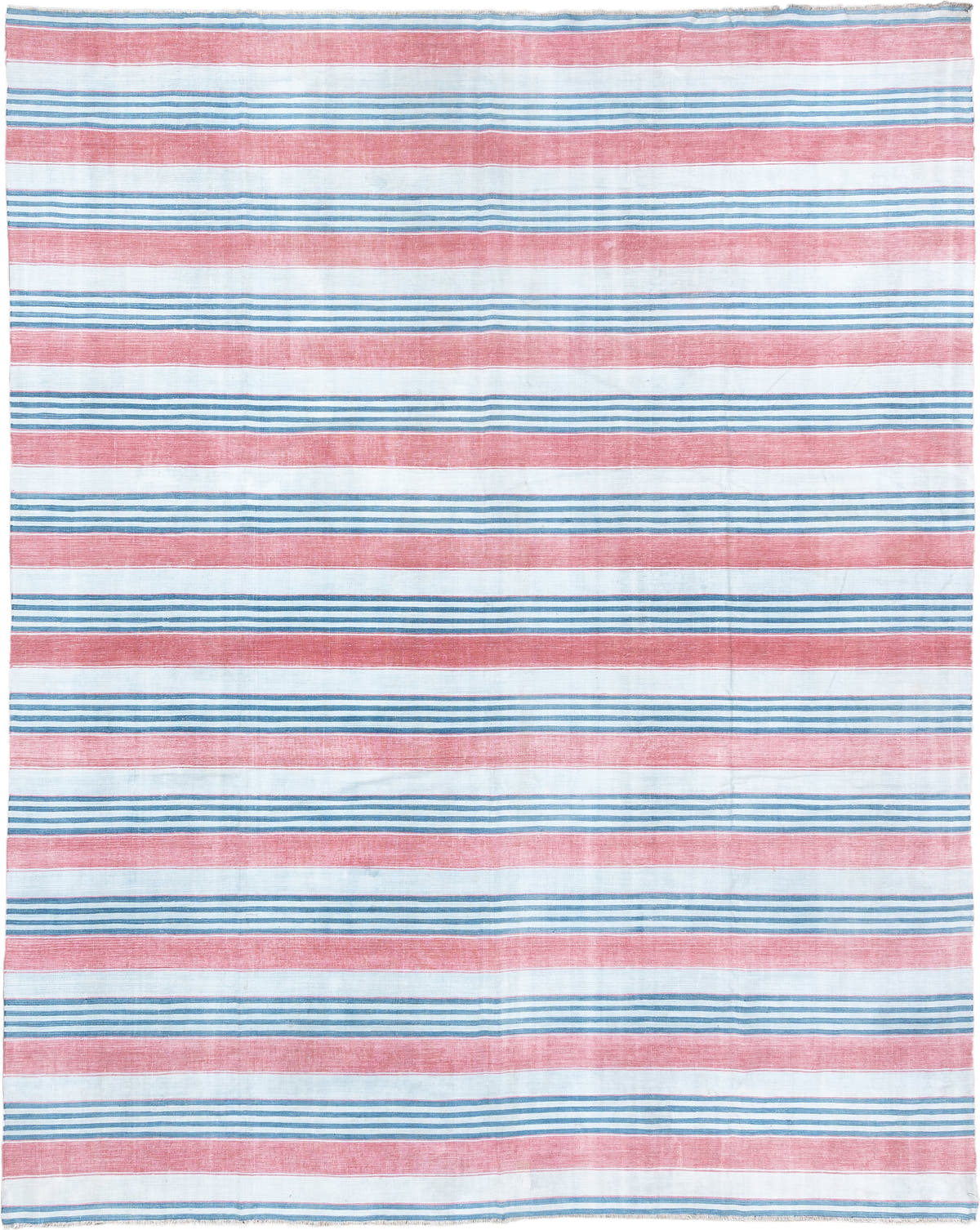 8' x 11' one-of-a-kind handmade vintage Cot Dhurrie large size rug. Color palette: ivory, coral pink, sky blue, pale blue