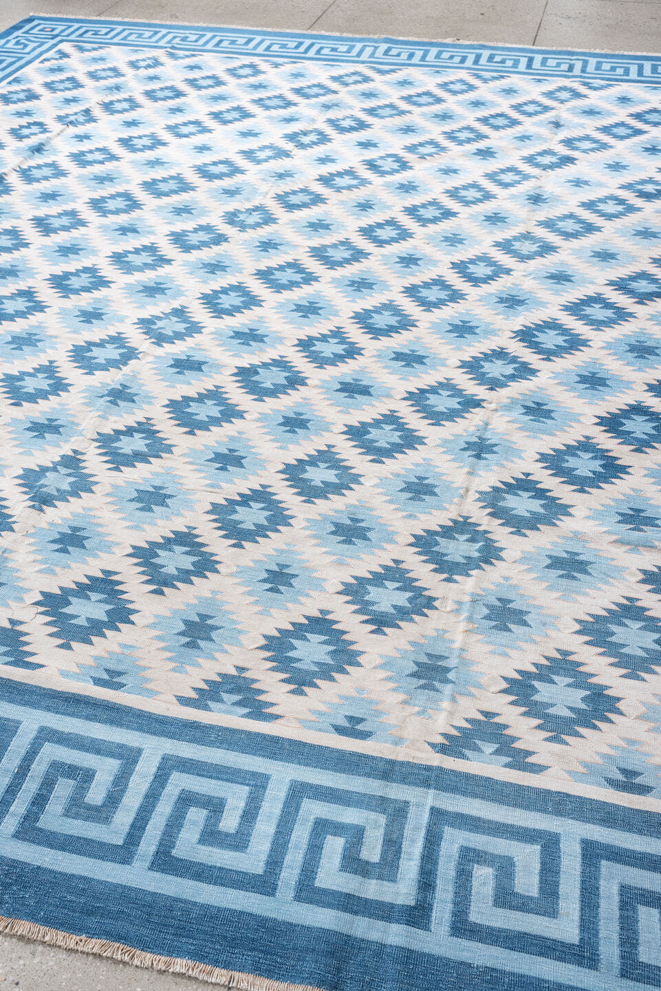 10' x 11' one-of-a-kind handmade antique Cot Dhurrie large size rug. Color palette: ivory, teal, indigo, sky blue, slate