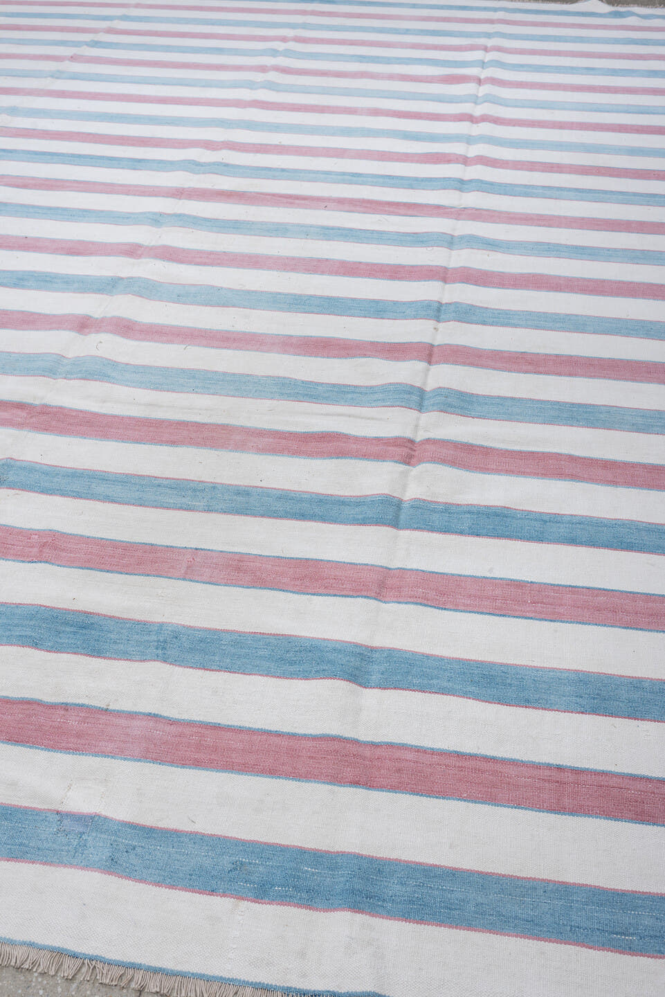 10' x 13' one-of-a-kind handmade antique Cot Dhurrie large size rug. Color palette: ivory, powder blue, dusty rose