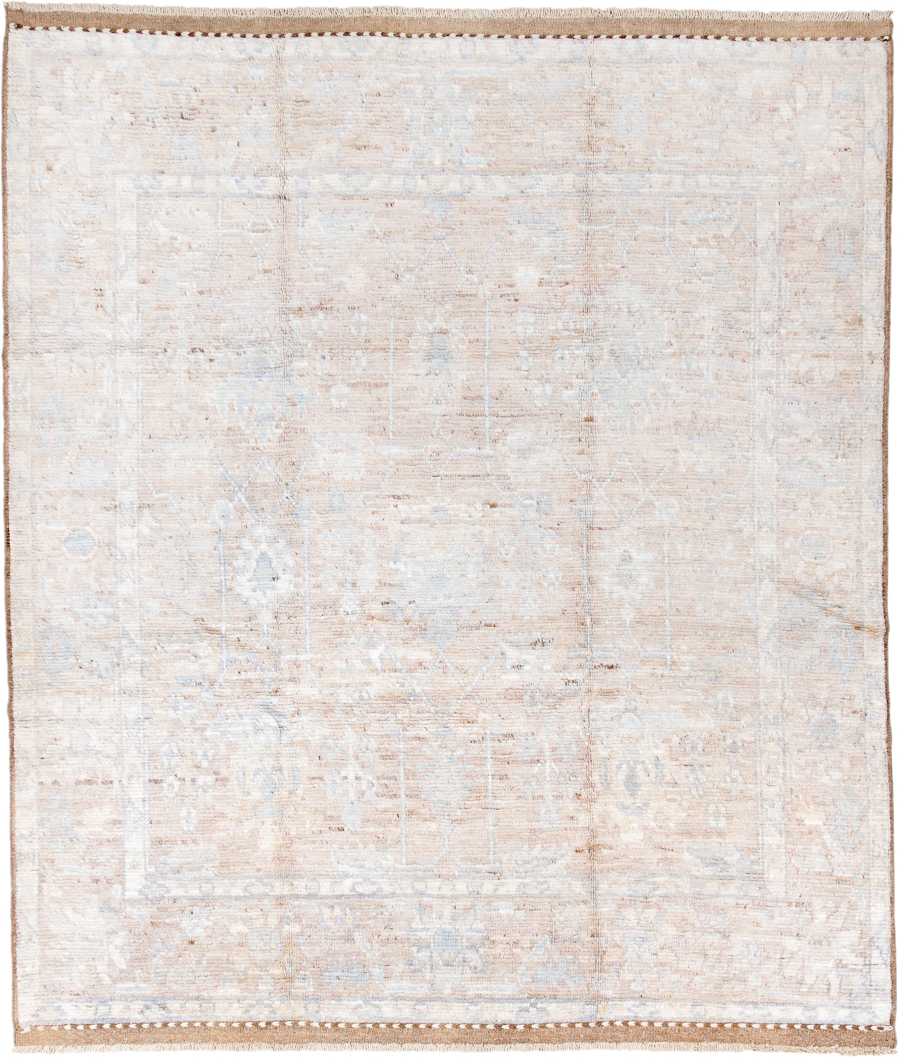 8' x 9' one-of-a-kind handmade vintage Oushak large size rug. Color palette: ivory, beige, pale blue, cream, blush, taupe
