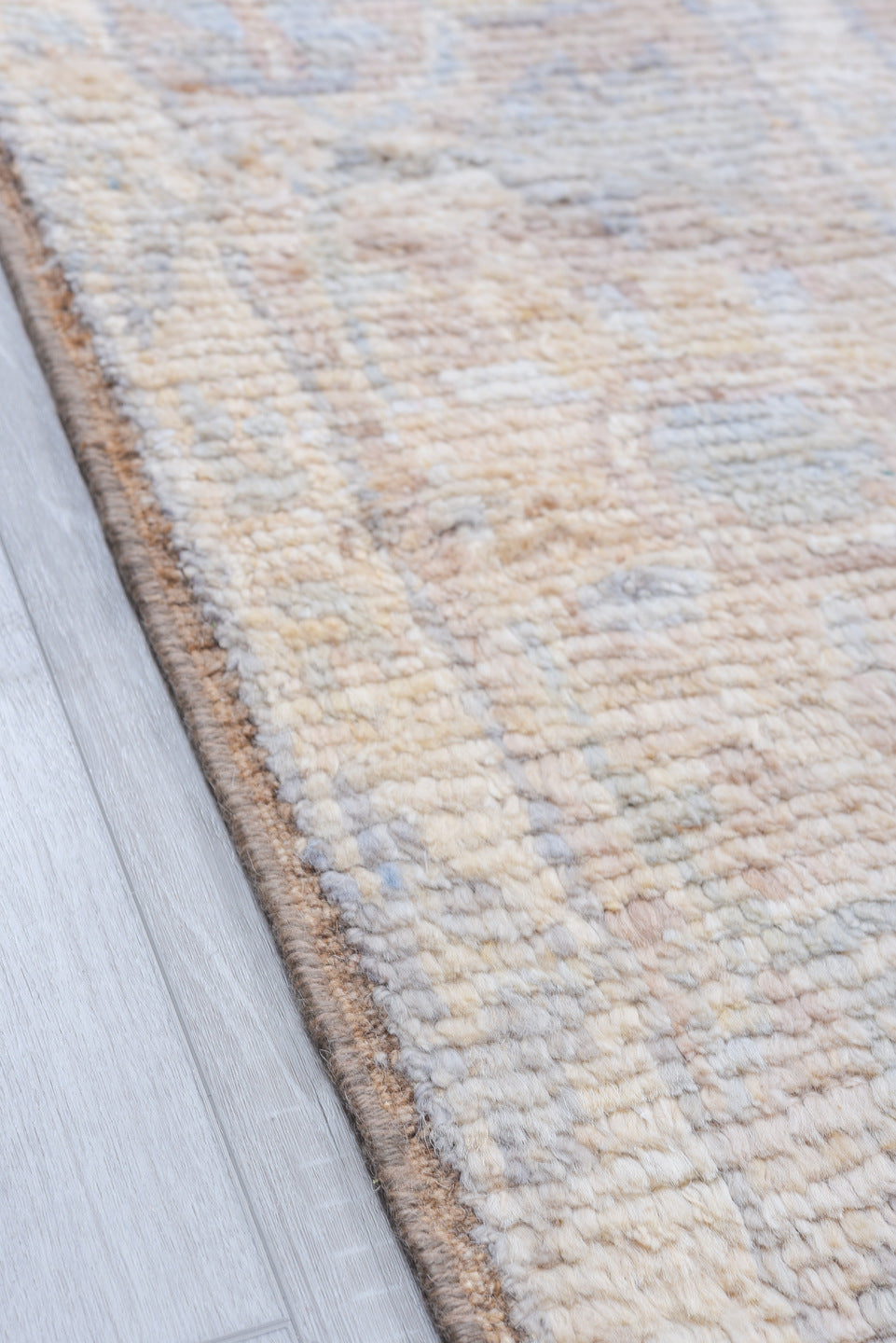 8' x 9' one-of-a-kind handmade vintage Oushak large size rug. Color palette: ivory, beige, pale blue, cream, blush, taupe